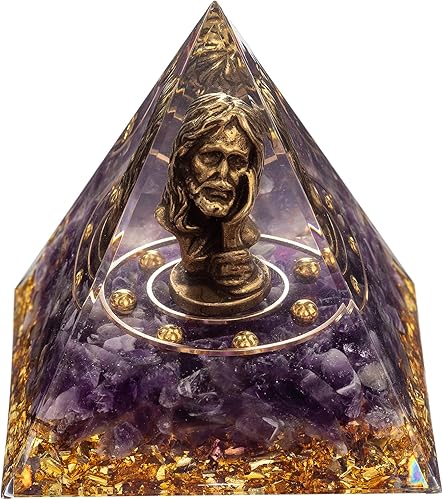 FENGSHUI-CAISHEN Mini figura de Jesús en pirámide de orgón de cristal curativo, aventurina amarilla con pequeña estatua de Cristo, pisapapapeles