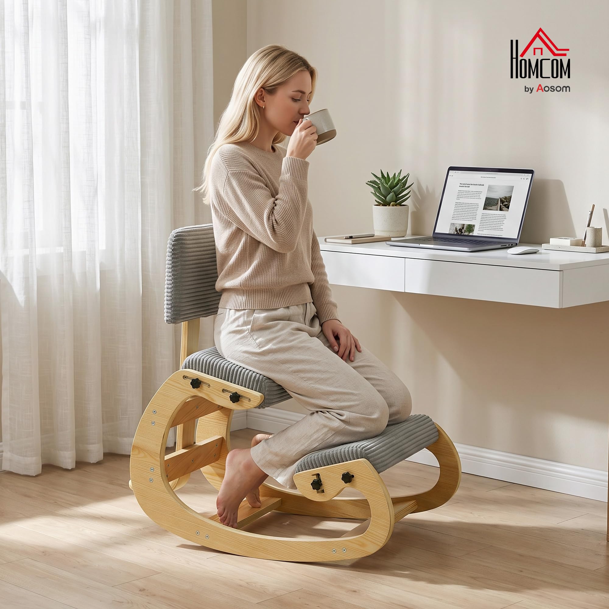 HOMCOM Silla Ergonómica de Rodillas con Respaldo Tapizado en Pana Gris | Silla de Rodillas, Amplio Apoyo, Estructura de Madera, Mejora la Postura