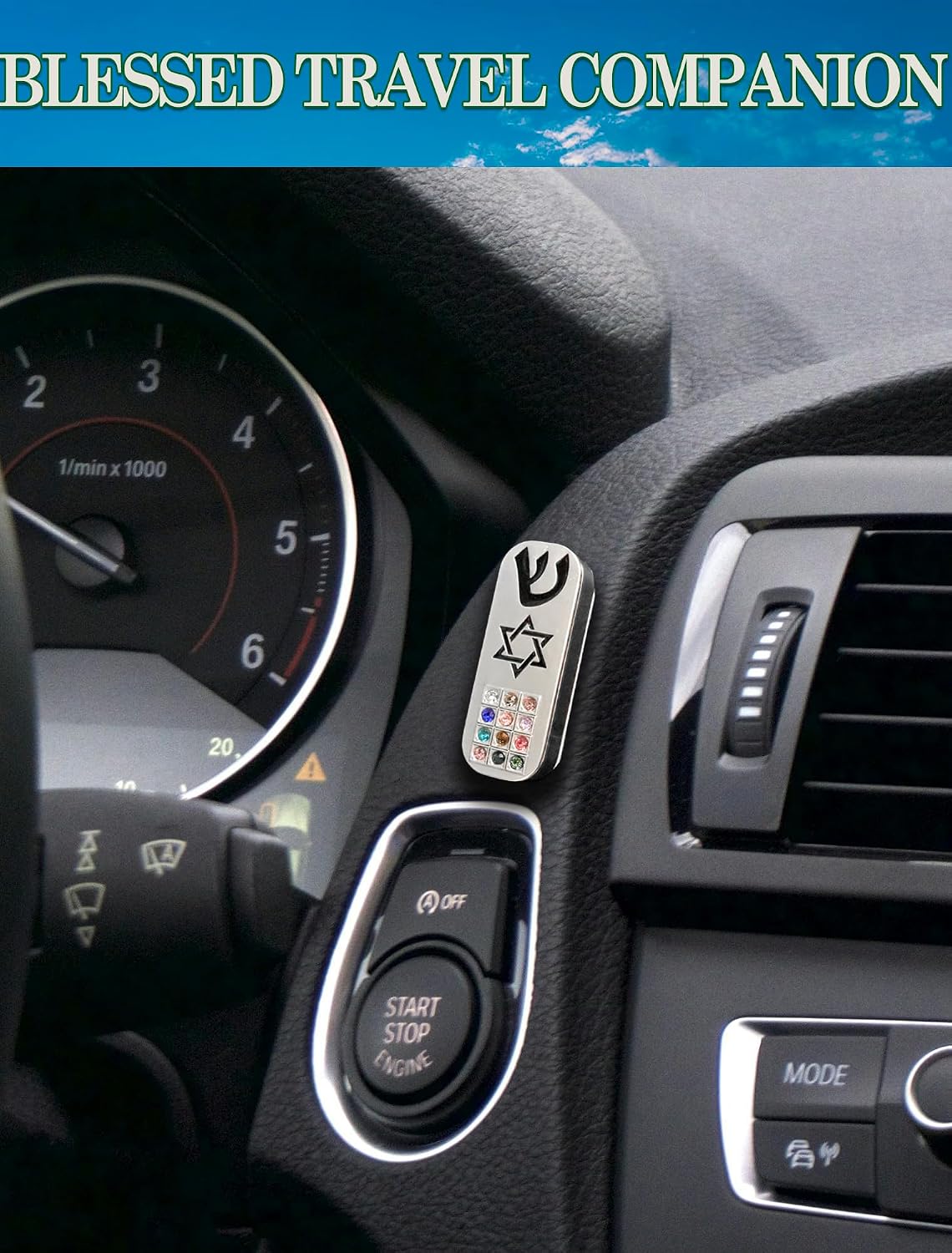 Car Mezuzah for Safe Travel, 2” TwistFlip Case with Traveler Prayer Scroll & Tape Included, 15s Install, Hoshen Stones Design Jewish Gift