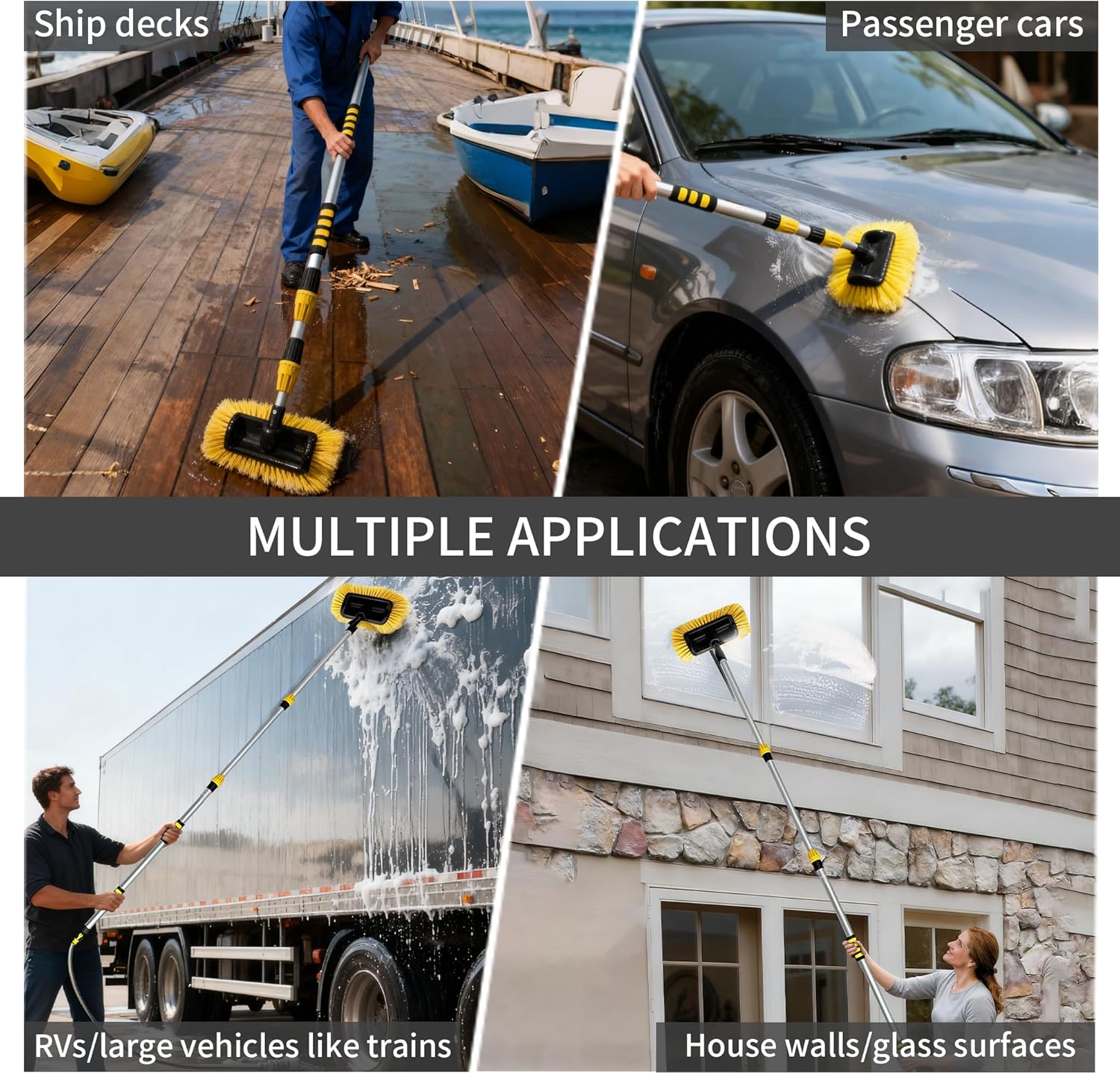 Car Wash Brush with Long Handle, 20FT Reach Telescopic Flow-Thru Car Washing Brushes, 11.8" Soft Bristle Cleaning Brush with On/Off Switch for Auto Cars, Trucks, RV, Truck, Boat, Wall, Solar Panels