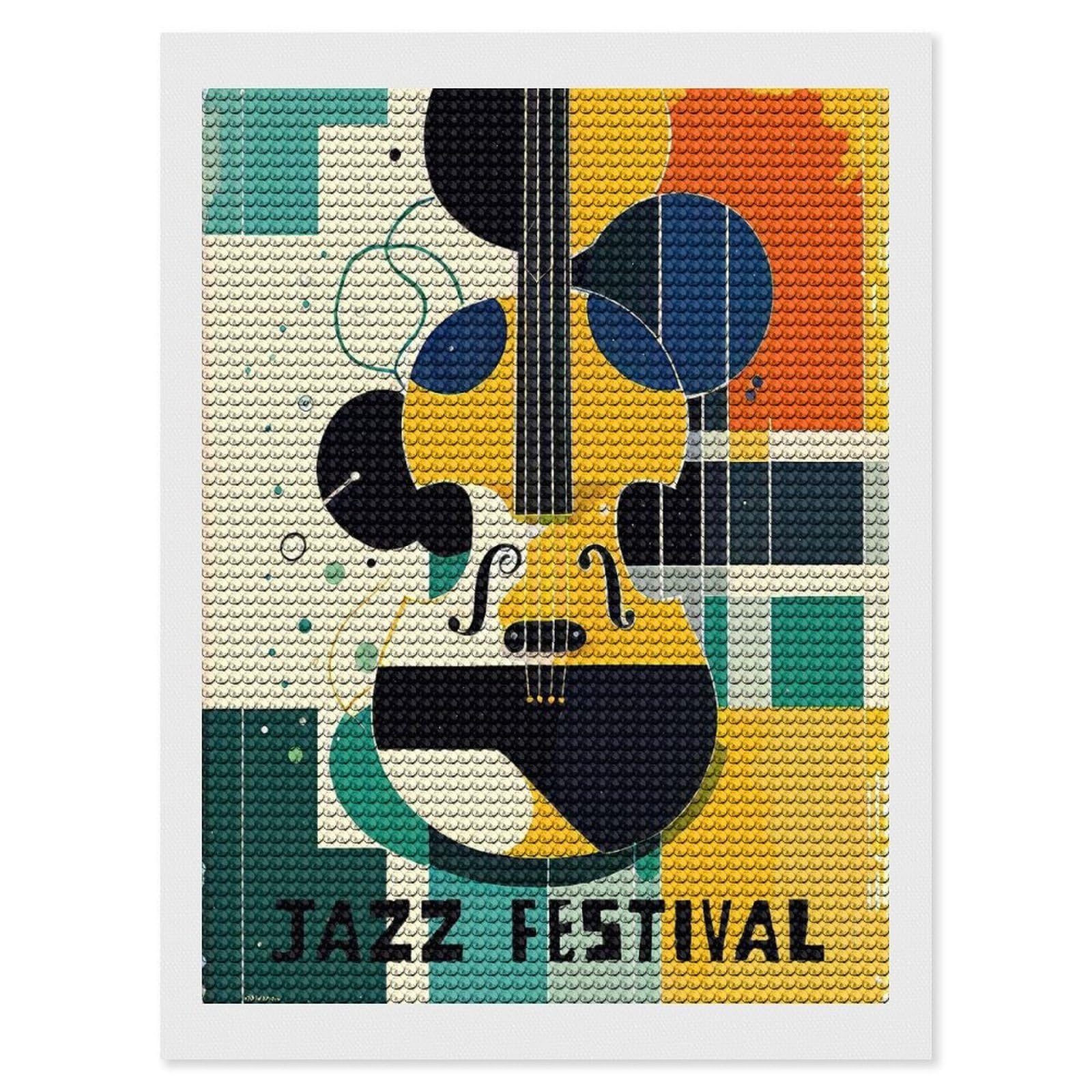 Junmoney Vintage Jazz Festival Round Drill Diamond Painting 12"x16", Satisfying Creative Project, Complete Accessories, Printed Canvas