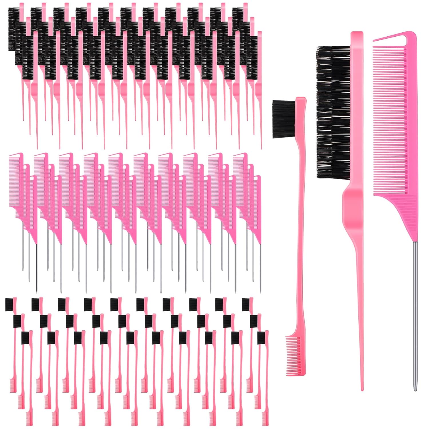 Youyole 90 pcs Hair Styling Set:30 Teasing Brushes, 30 Rat Tail Combs, 30 Edge Brushes for Women, Babies, and Kids(Black)