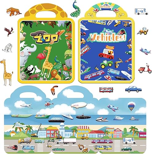 Juego de libros de actividades de calcomanías hinchadas, vehículo y animal, reutilizables, para niños de 2 a 4, calcomanías adhesivas para ventana