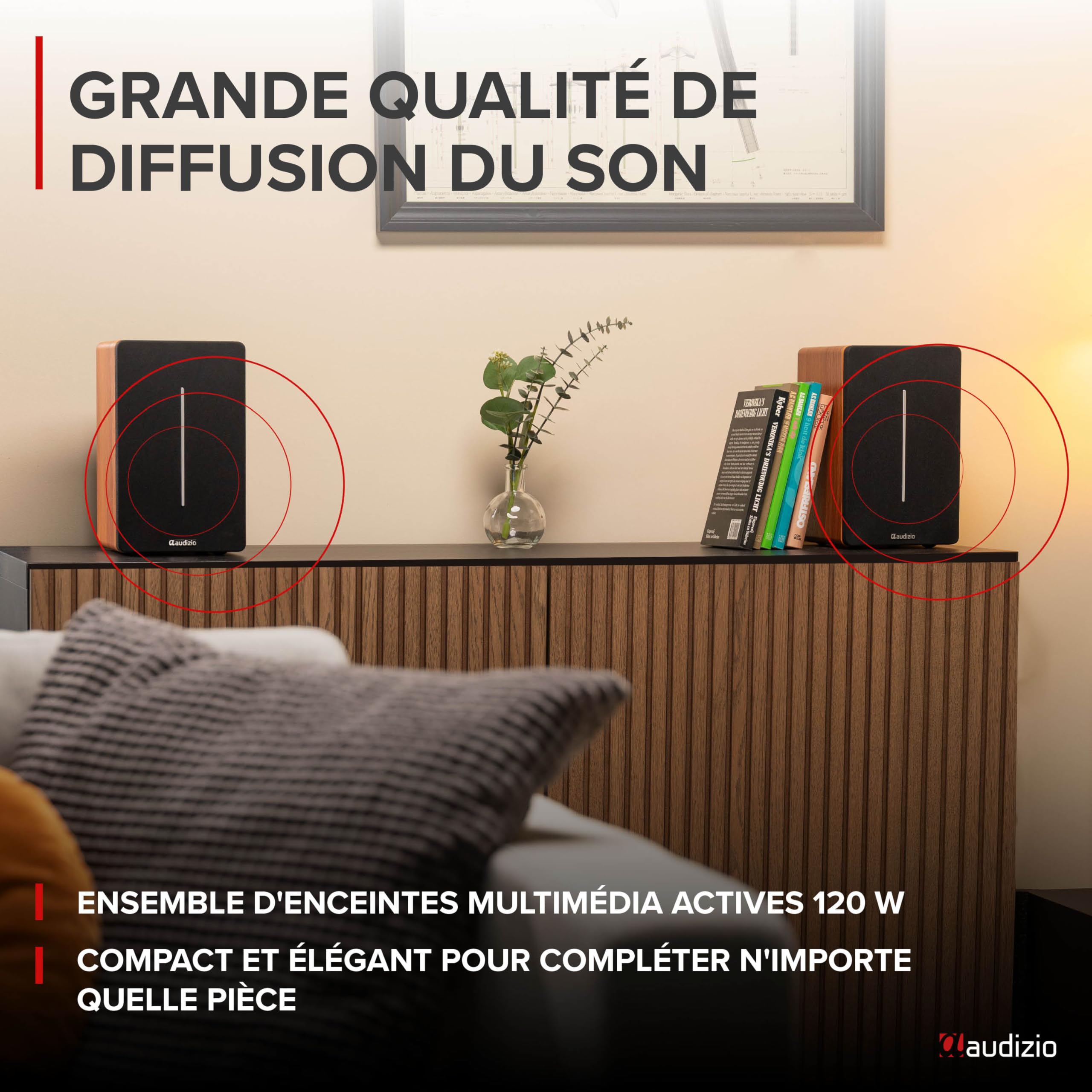 Audizio KS01B - Paire d’Enceintes HiFi Bibliothèque 120 W Finition Bois | BT sans Fil, Entrées RCA/Optique, Design Élégant, Son Clair et Puissant