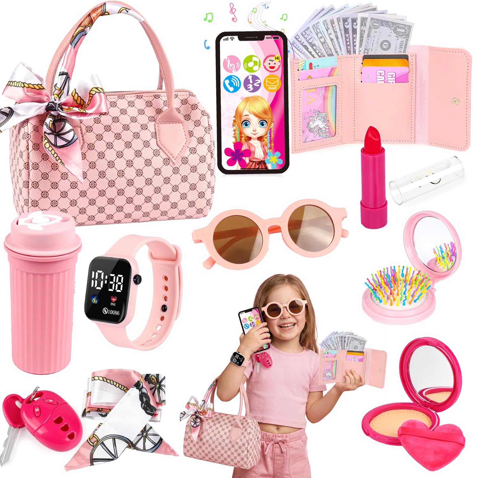 31 Pcs Play Purse for Little Girls, Play Handbag Set with Pretend Makeup Fun Makeup and Role Play Travel Toy Gift Presents Little Girls Purse with Accessories for Girl Age 3+