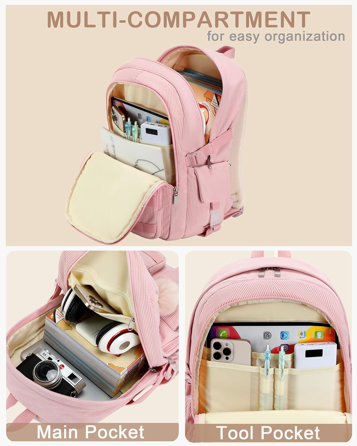 Hidds School Backpack for Teens Girls Women 15.6 Inch Laptop College Backpacks Corduroy Kids Bookbag Students Travel Daypack Womens (Pink) - Image 3