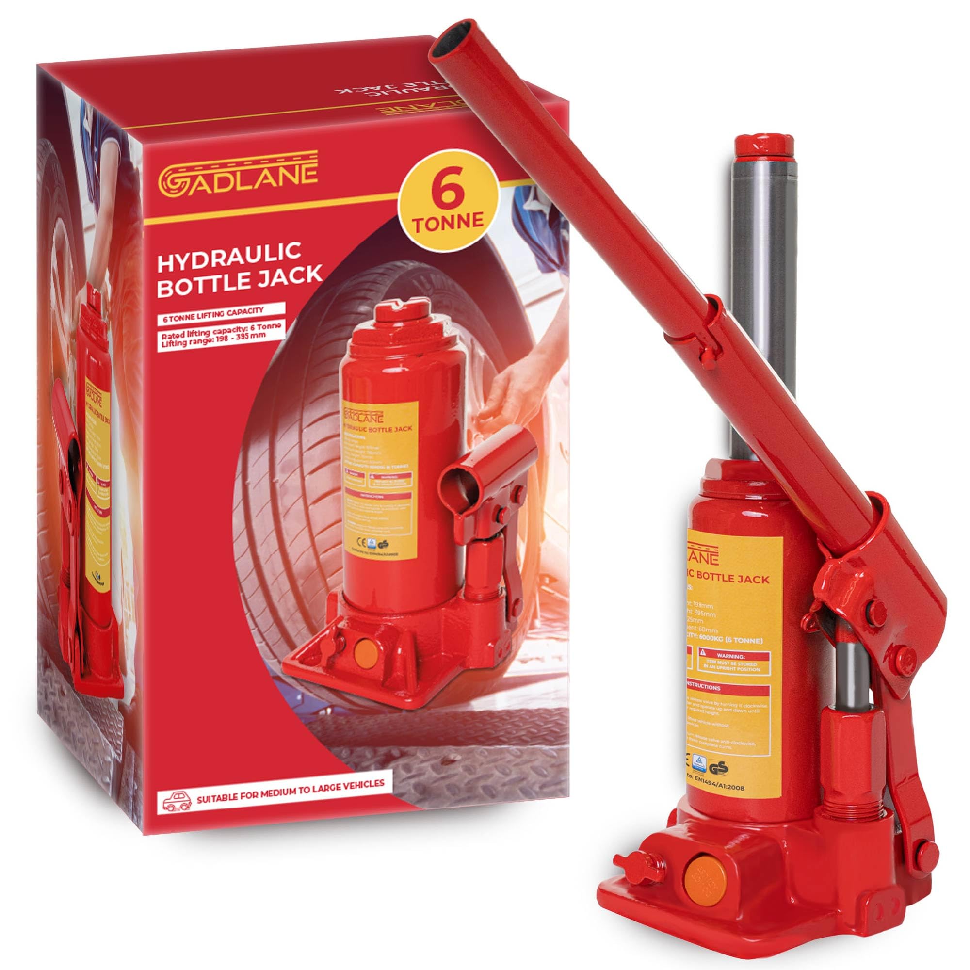 GADLANE Gato hidráulico para Botella de 6 toneladas, Acero aleado Resistente, válvula de sobrecarga de Seguridad, Mango de Ajuste rápido, para Coches Grandes, Furgonetas, autocaravanas