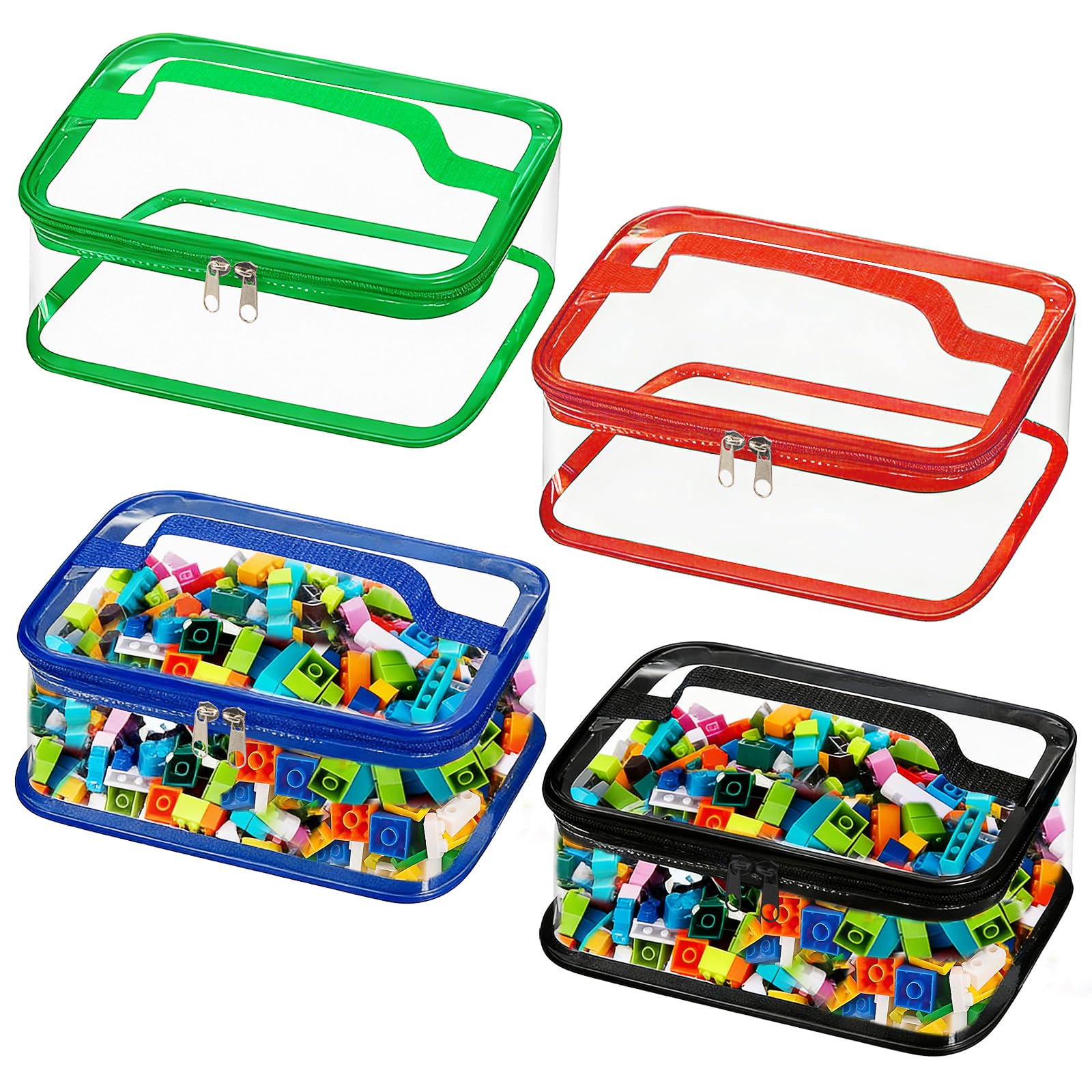 Emwel 4 Pcs Toy Storage Bags-Clear PVC Organizing Bags Storage for Kids-Zippered Toy Container with Handle -Reusable Waterproof Travel Case Pouch for Building Blocks, Puzzle, Balls, Pretend Play Toys