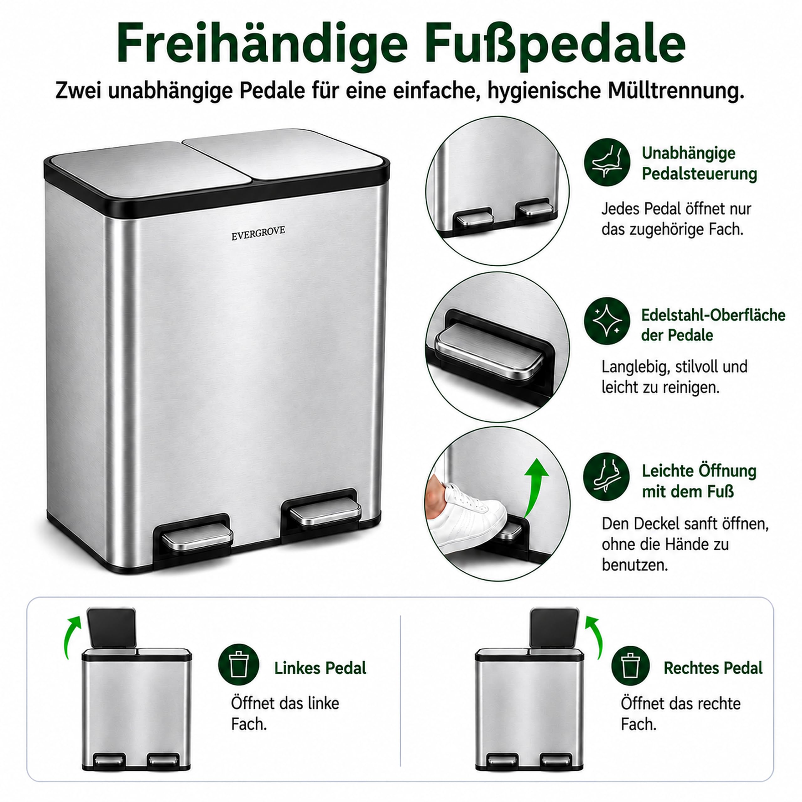EverGrove 30-Liter-Mülltrennsystem, 2 x 15 L (Silber) | Gehäuse, Deckel und Pedale aus Edelstahl; zwei PP-Inneneimer, sanft schließende Deckel und ein eingesetzter Geruchsfilter.