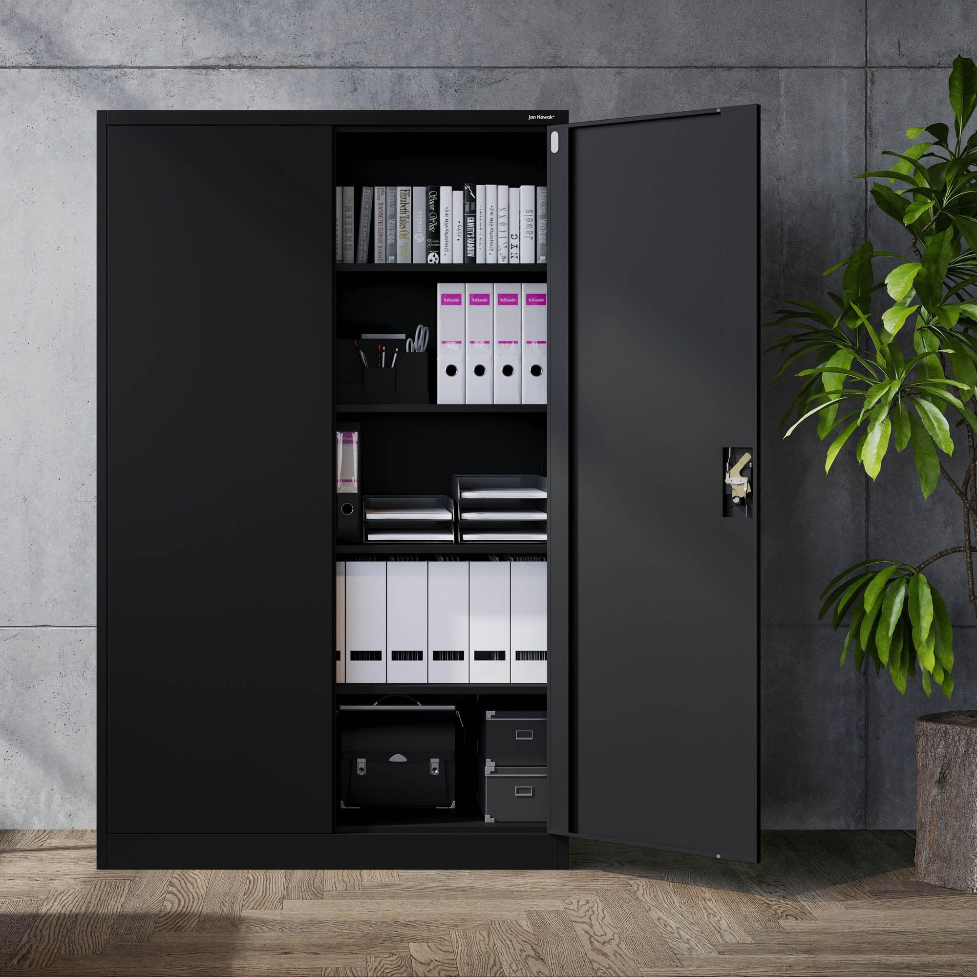 Jan Nowak Metallschrank Jan II 185 x 115 x 40 cm - Aktenschrank abschließbar mit 2 Türen, Mehrzweckschrank mit 5 Ebenen, Büroschrank aus Stahlschrank mit Pulverbeschichtung - Schwarz