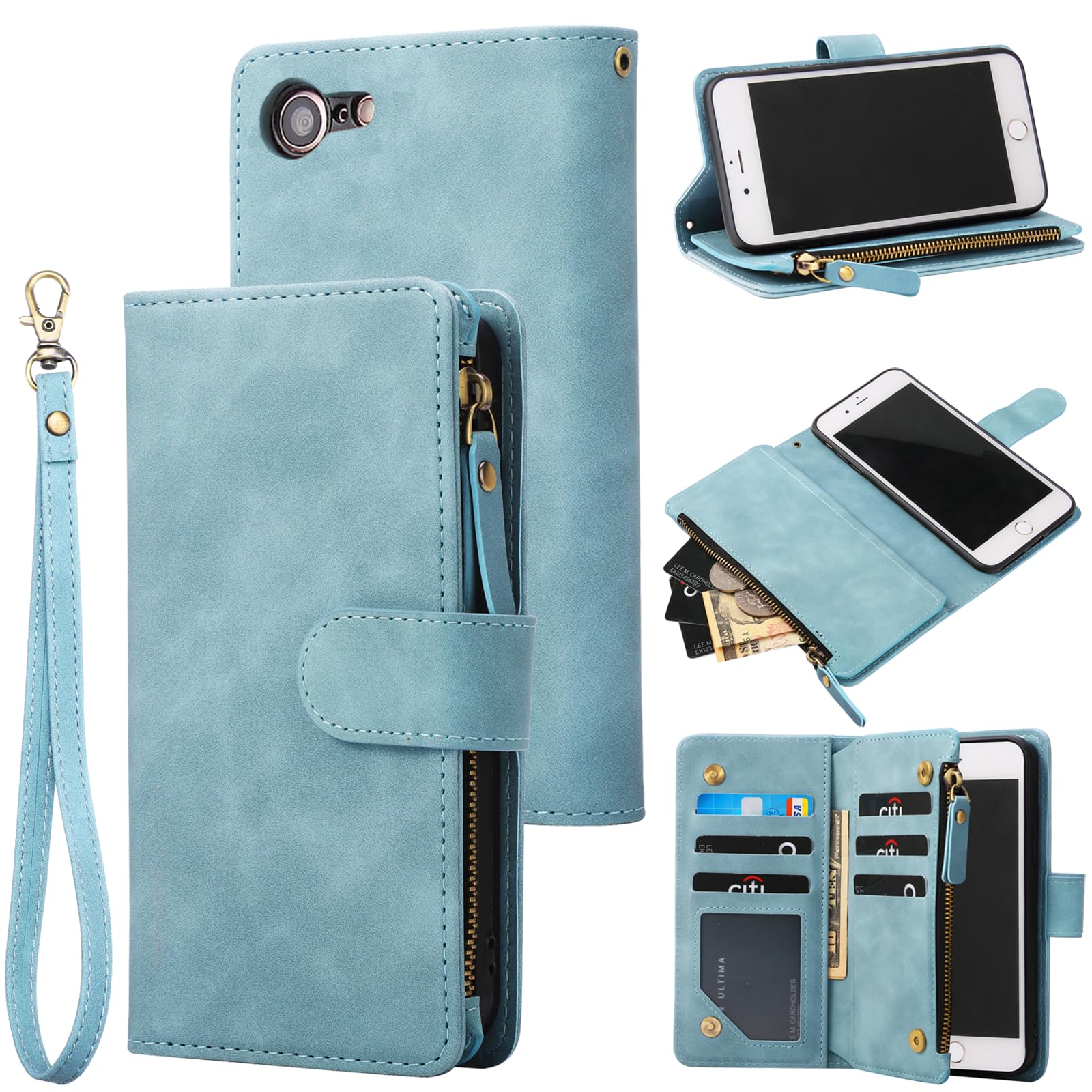 RANYOK Wallet Case Compatible with iPhone SE 2022 5G, iPhone 7/8/SE 2020 4.7 inch, RFID Blocking PU Leather Zipper Flip with Wrist Strap [Kickstand] Protective Case for iPhone 7/8/SE 2/SE 3-Baby Blue