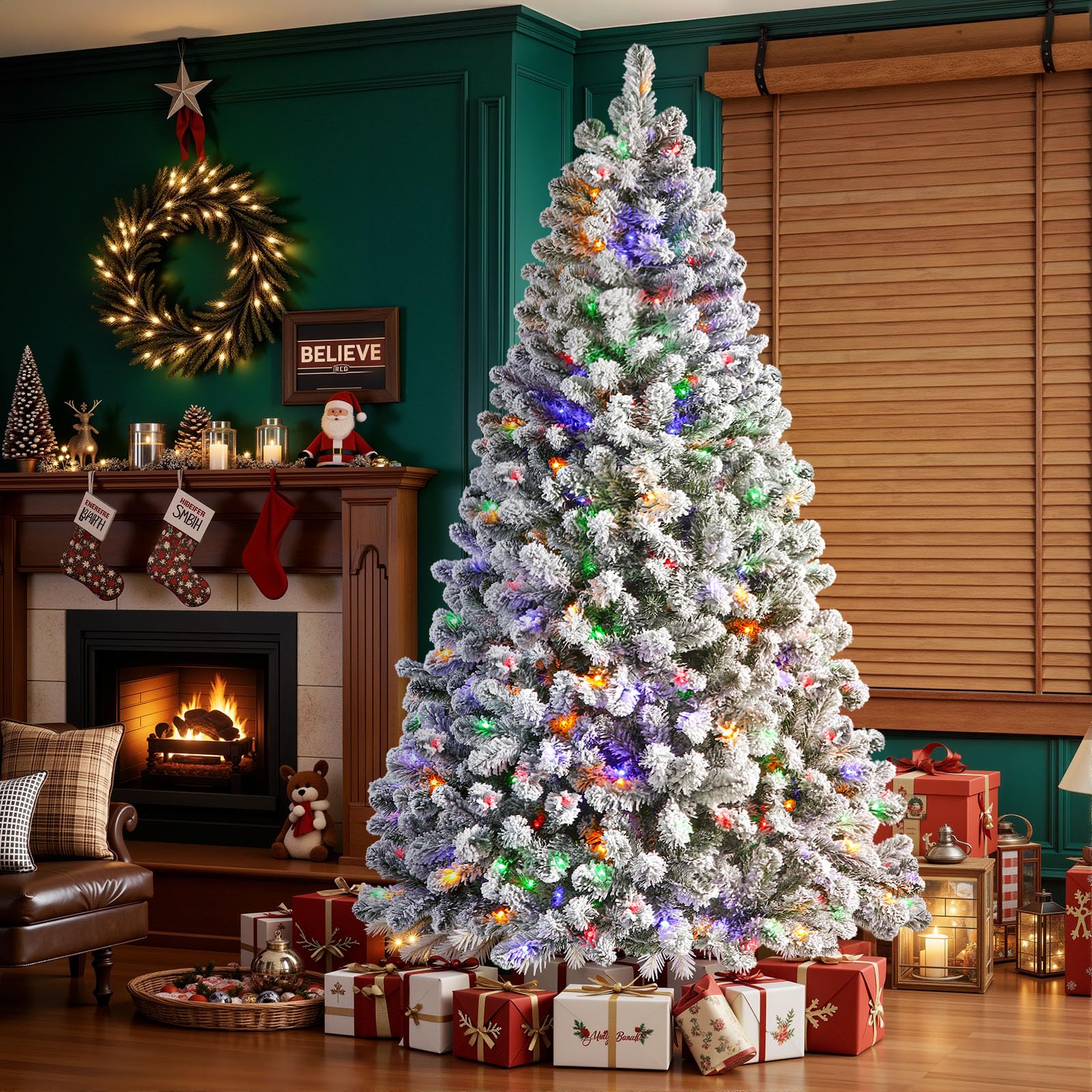 Shareconn 152 cm Sapin de Noël Artificiel Pré-éclairé, Arbre Floqué Blanc avec Support en Métal Pliable, 210 LED de Haute Qualité, 12 Modes d'éclairage, Parfait pour Les Décorations de Noël