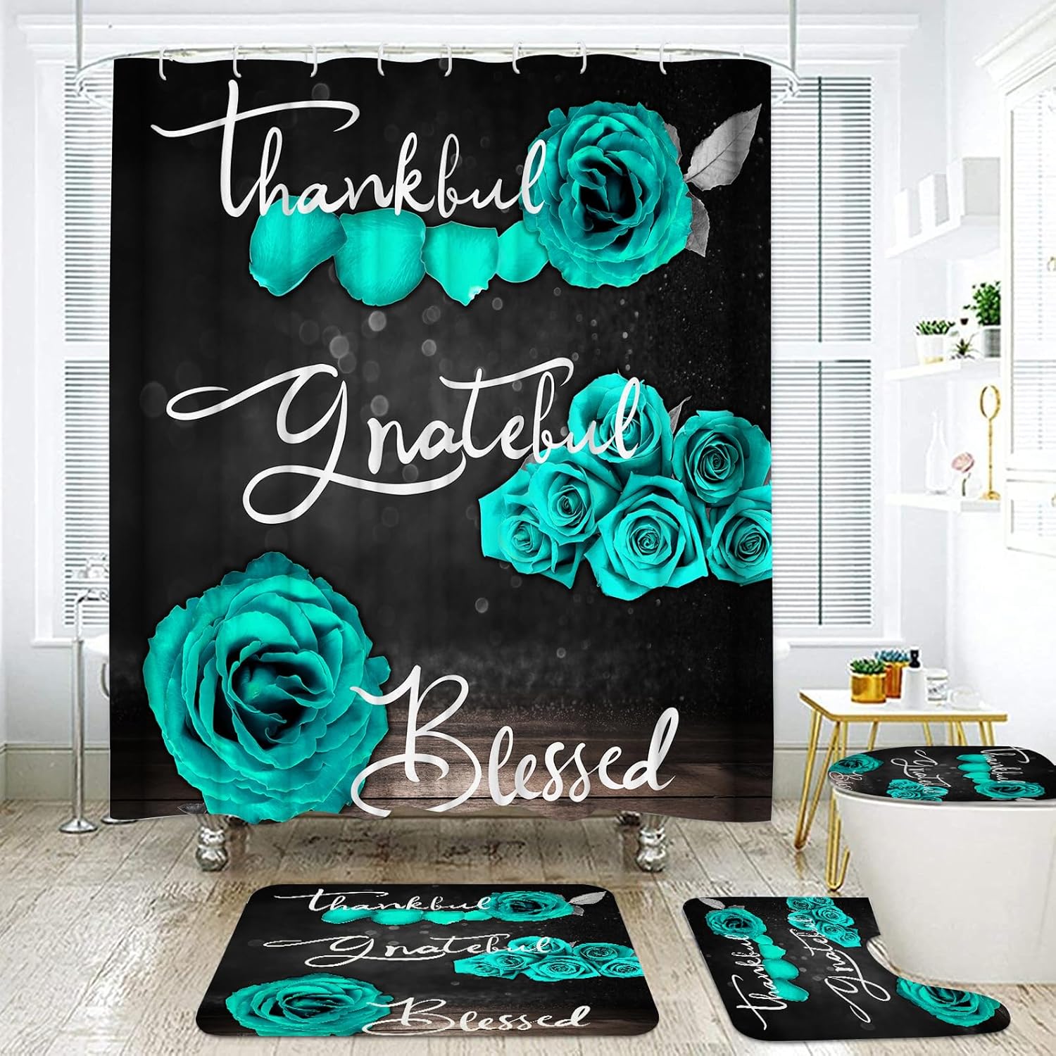 Onalasyc 4Pcs Green Rose Shower Curtain Set with Rugs Waterproof Bathroom Sets with Shower Curtain and Rugs Romantic Rose Floral, Thankful Grateful Blessed Bathroom Curtains Shower Set,with 12 Hooks