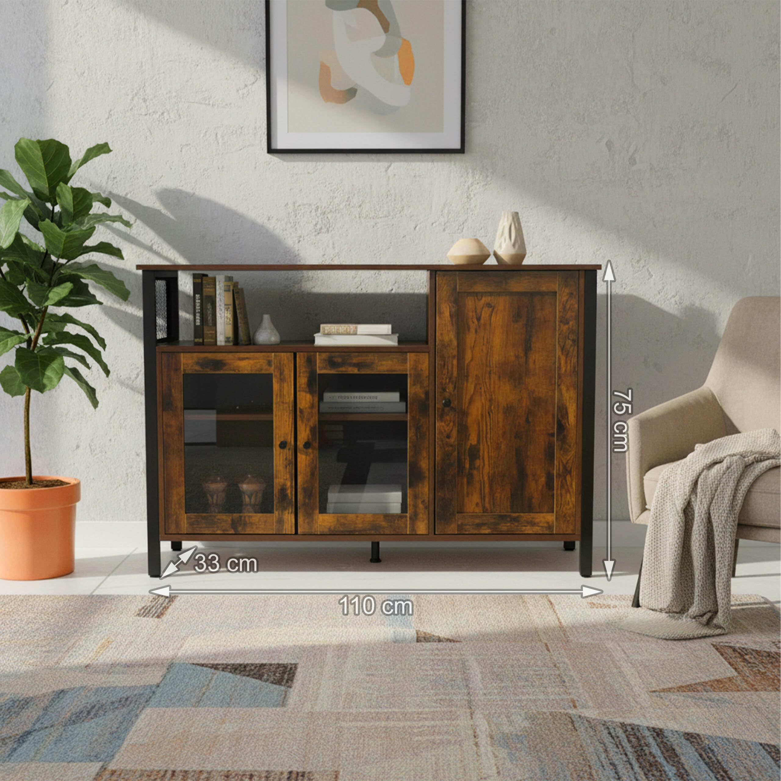 Relaxdays Armadio da Cucina con Ante in Vetro, HLP: 75 x 110 x 33 cm, credenza, Stile Industriale