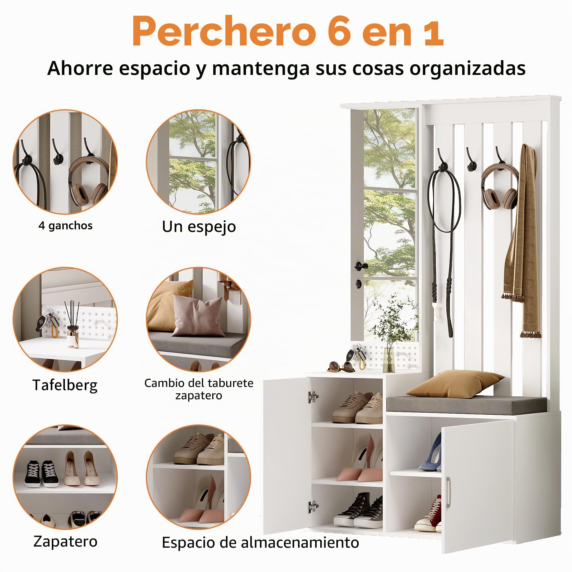 Mueble Zapatero Recibidor, Perchero con Banco para recibidor Zapatero Perchero EntradaRecibidor con Ganchos Espejo y Cajones 180x40x100 cm ArmarioZapatero de Madera Armario Independiente