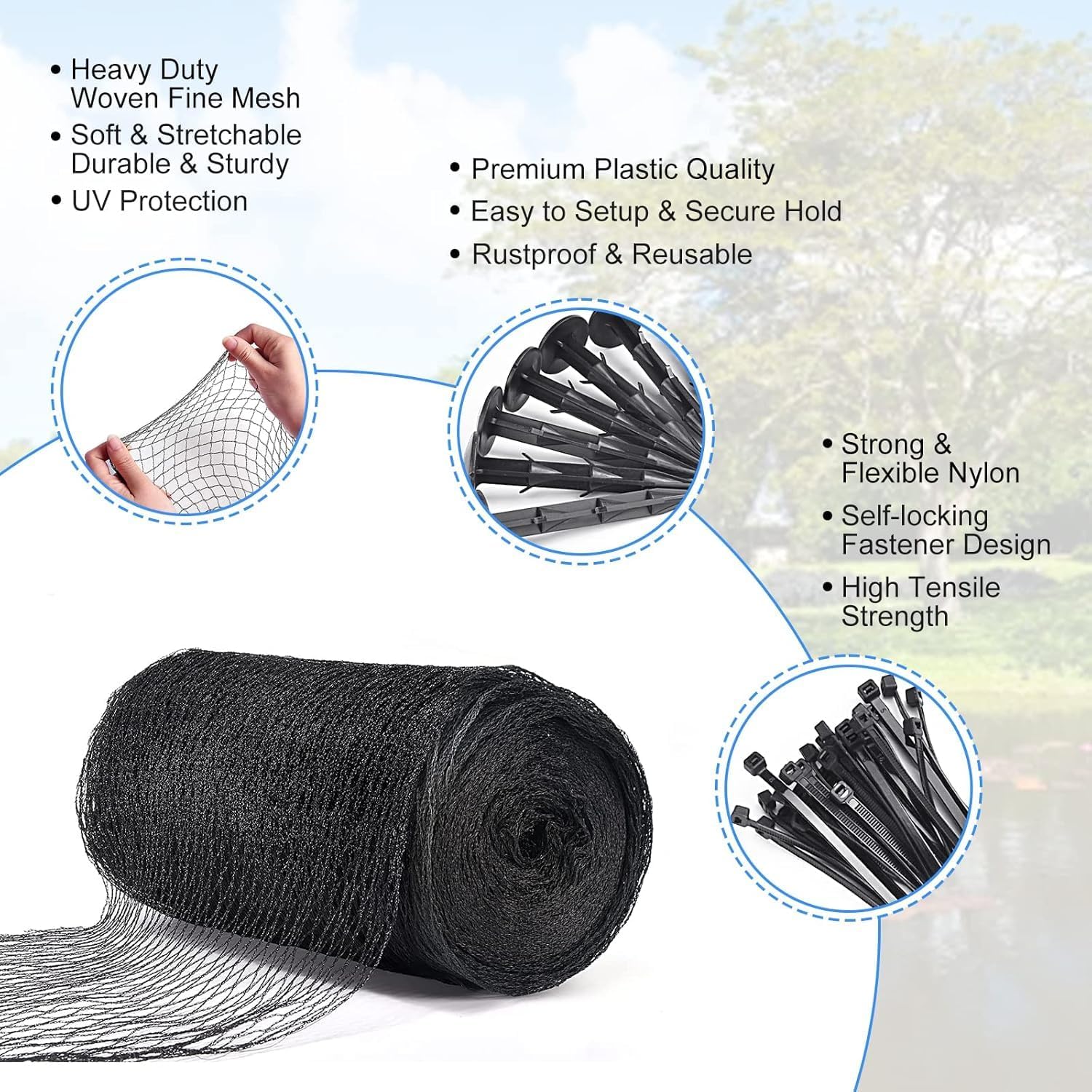 Pond Netting, 28 x 30FT Pond Net for Koi Ponds, Garden Pool Fine Mesh Pond Netting Cover for Leaves, Protects Koi Fish from Birds Cats Predators, with 14 Stakes and 30 Cable Zip Ties
