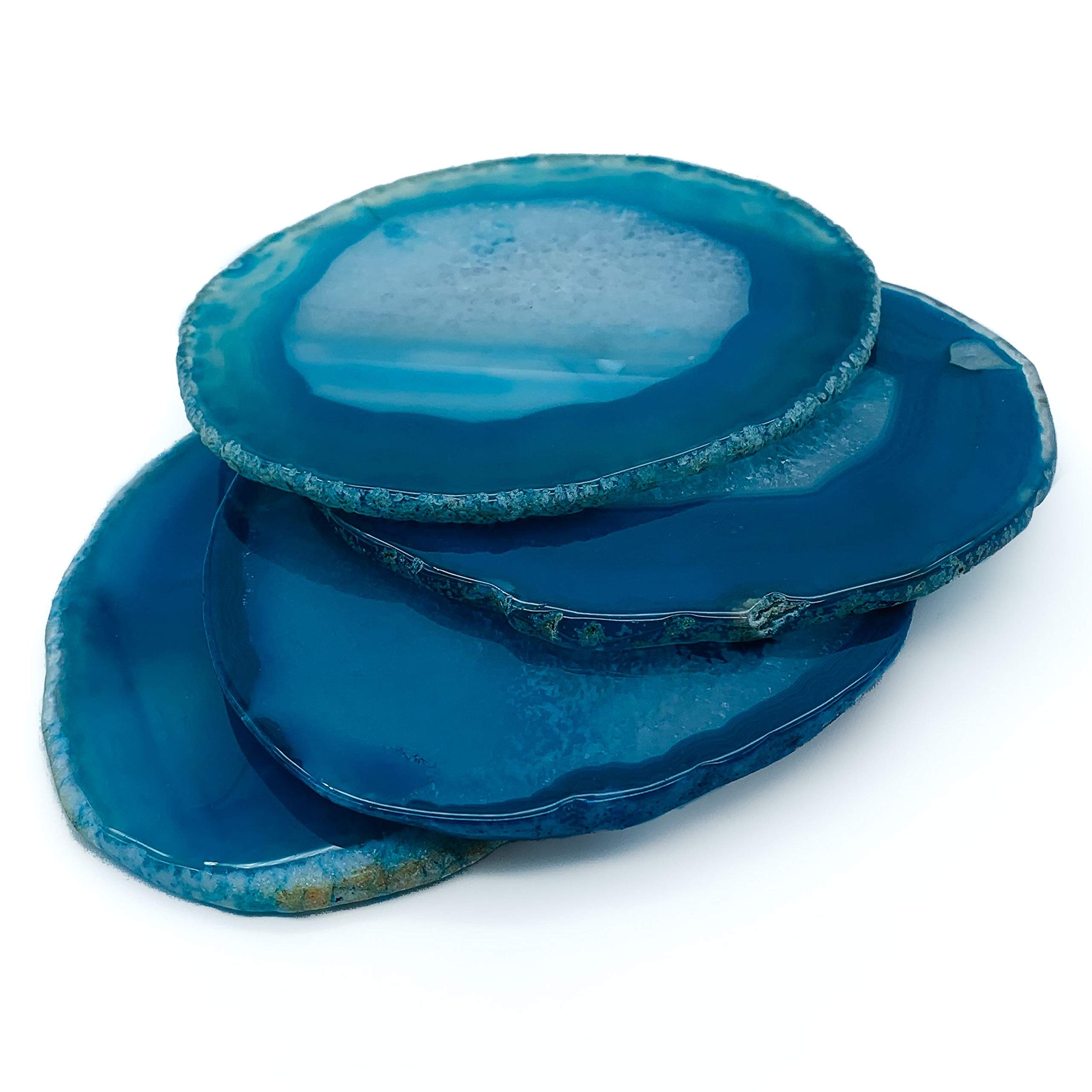 Lio’s Art | Agate Coaster Set of 4 Blue Slices for Bar and Table | Sliced Natural Large 4”-4.5” Polished Coasters for Drinks and Beverages | Irregular Circular-Oval (4"-4.5", Blue)