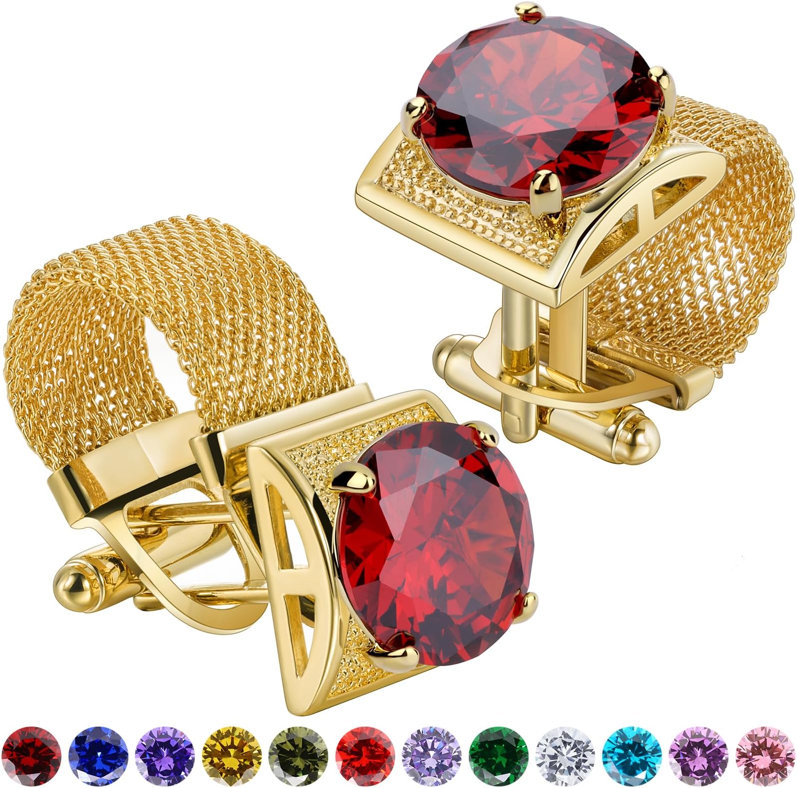 Birthstone Gold Tone Cufflinks for Men with Chain Shirt cuff links Wedding Business Birthday Christmas Gifts for Men