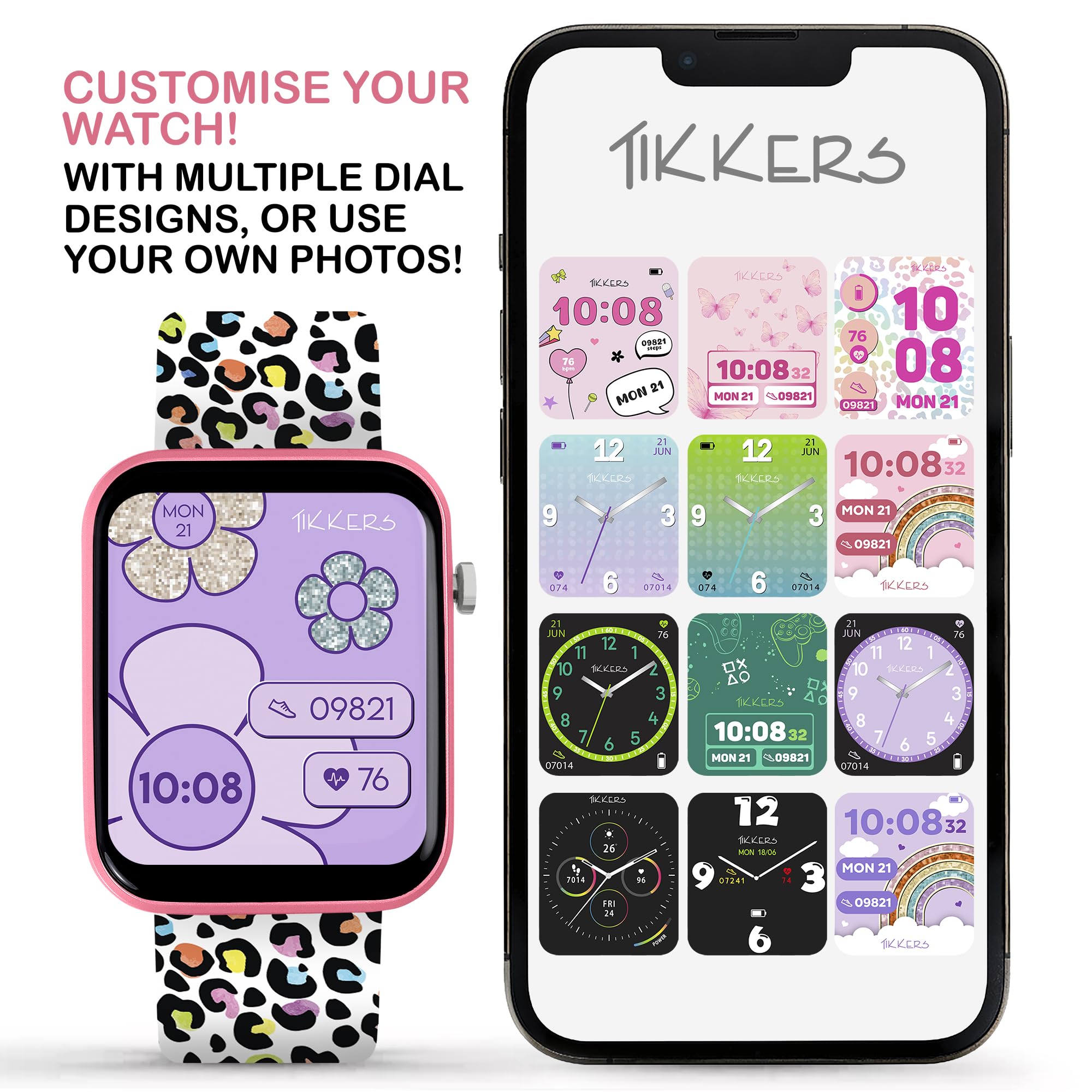 Tikkers Kids Series 13 Leopard Montre intelligente avec moniteur de fitness, réveil, appareil photo, connexion GPS, moniteur de fréquence cardiaque, compteur de pas, écran tactile, IP68, bracelet en