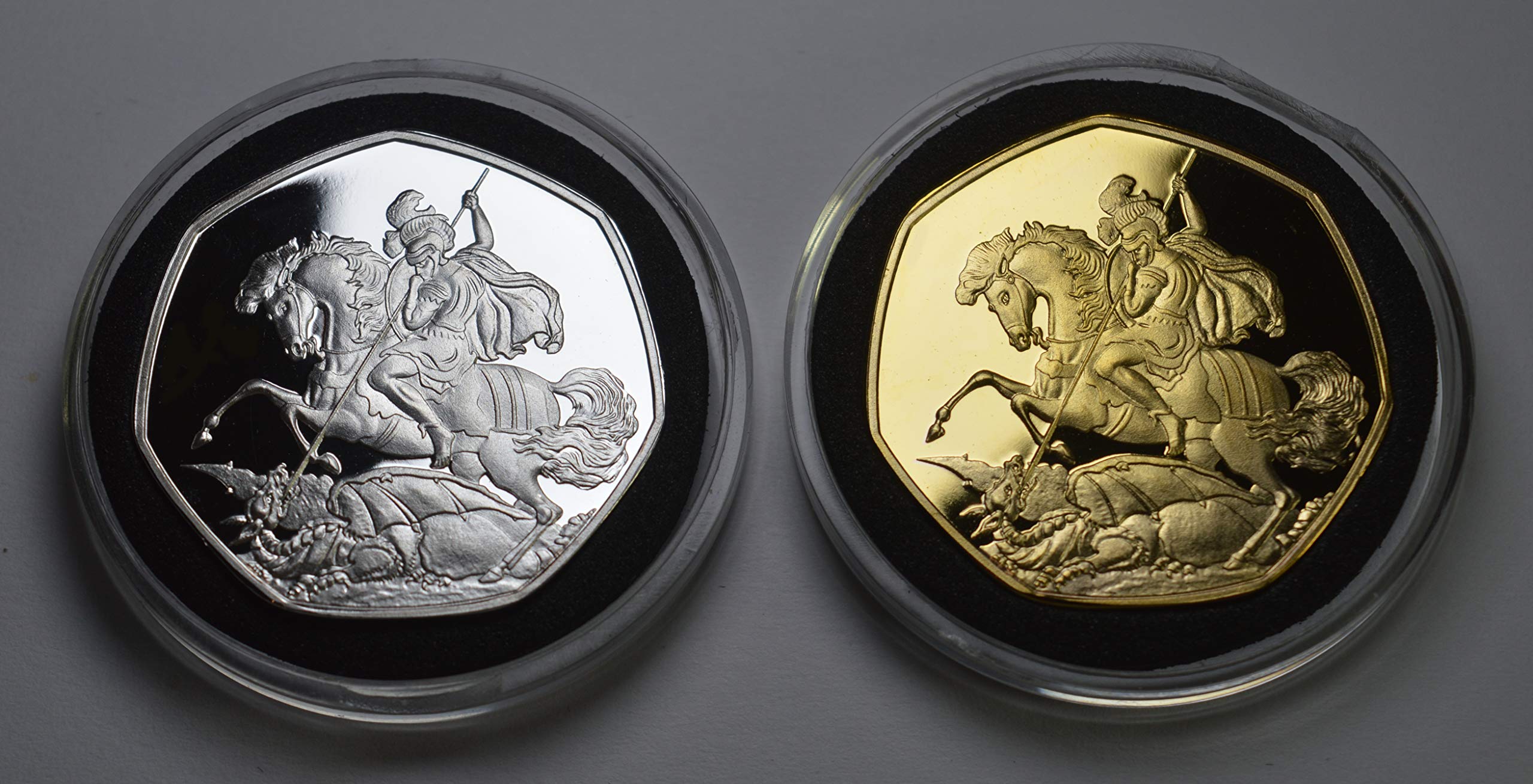 The Commemorative Coin Company Silver Pair Of St George & The Dragon Commemoratives In Capsules. England, Patron Saint. For God, England, And Saint George