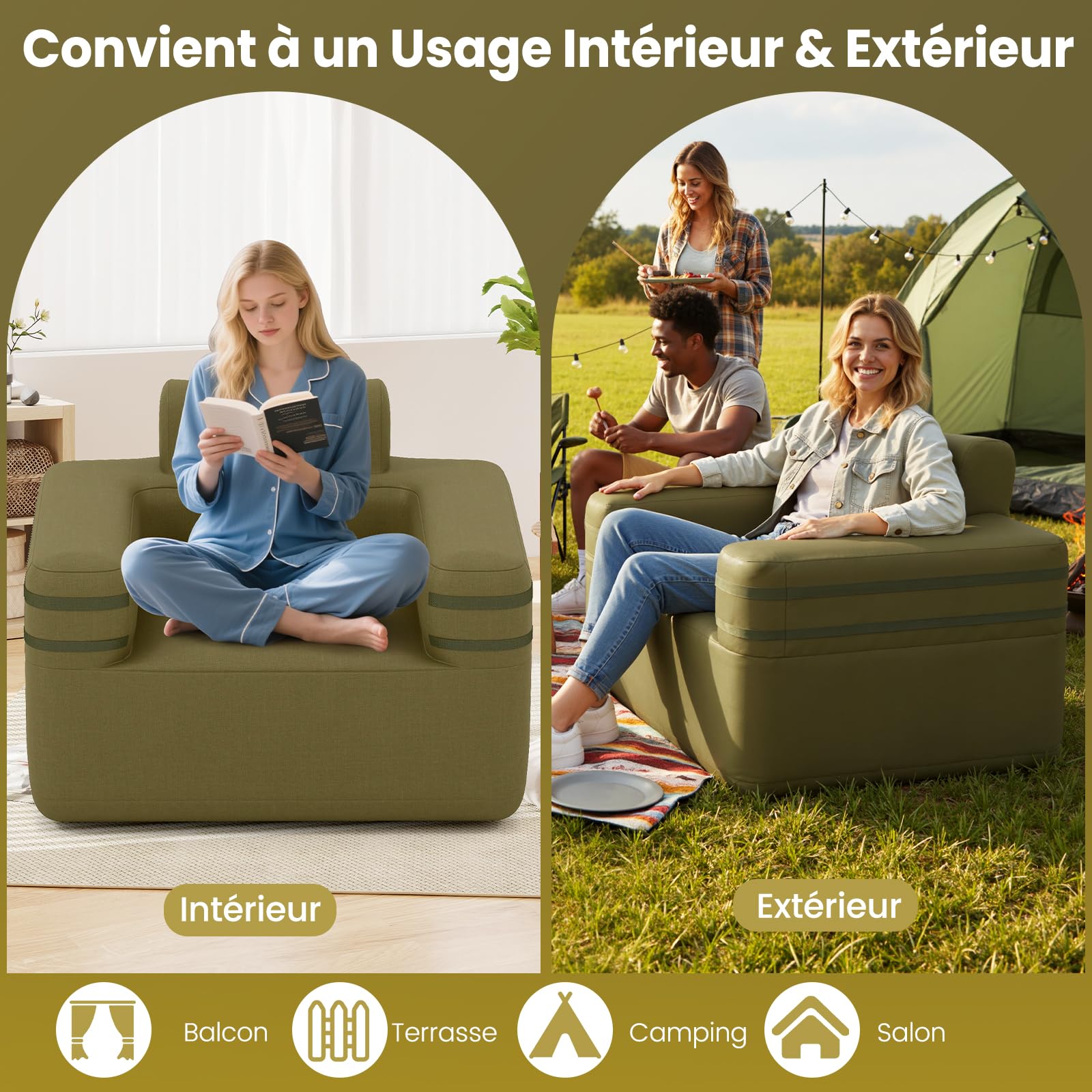RELAX4LIFE Canapé Gonflable Convertible 1 Place, Fauteuil de Camping Gonflable Extérieur avec Pompe Portable|Sac de Transport|Sangles Latérales pour Camping, Voyages, Fêtes 176 x 84 x 81 cm