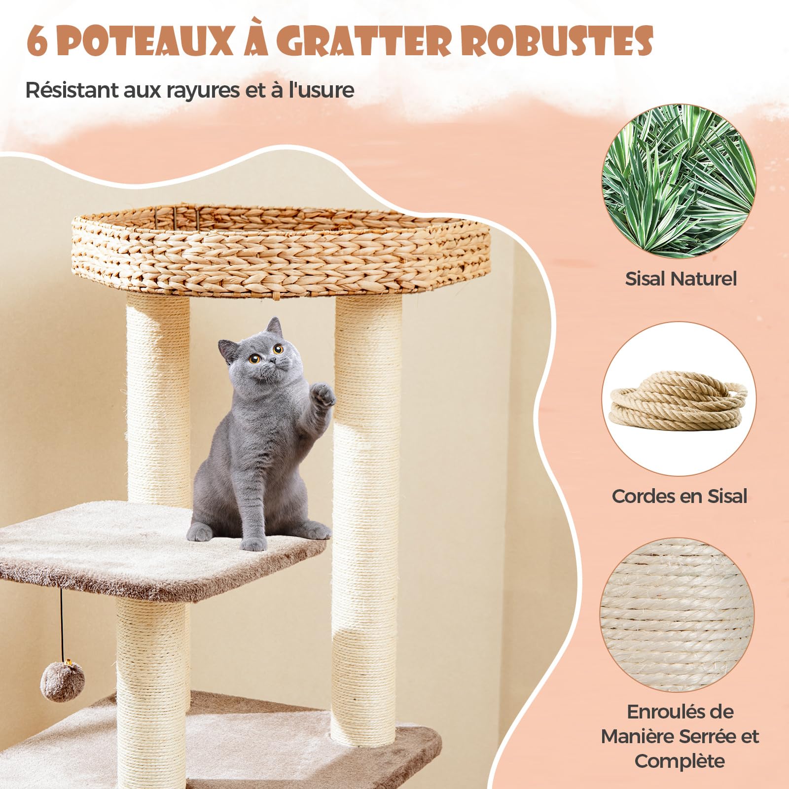 COSTWAY Arbre à Chat en Bois 131 cm Design avec 3 Griffoirs en Sisal, 3 Plateformes, Condo en Quenouille Tressée, Coussins Amovibles, Tour à 4 Étages, Café