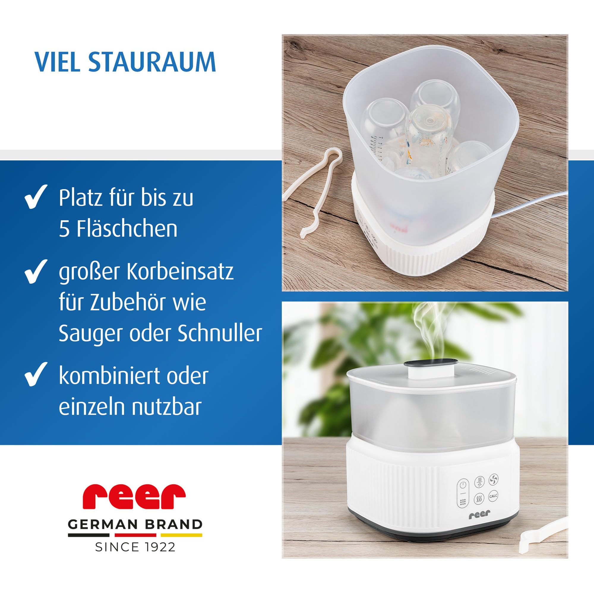 reer VapoDryS Vaporisator | Babyflaschen Sterilisator mit Trocknungsfunktion, Dampfsterilisator für bis zu 5 Flaschen, Desinfektion und Trocknung von Babyfläschchen und Zubehör ohne Chemikalien