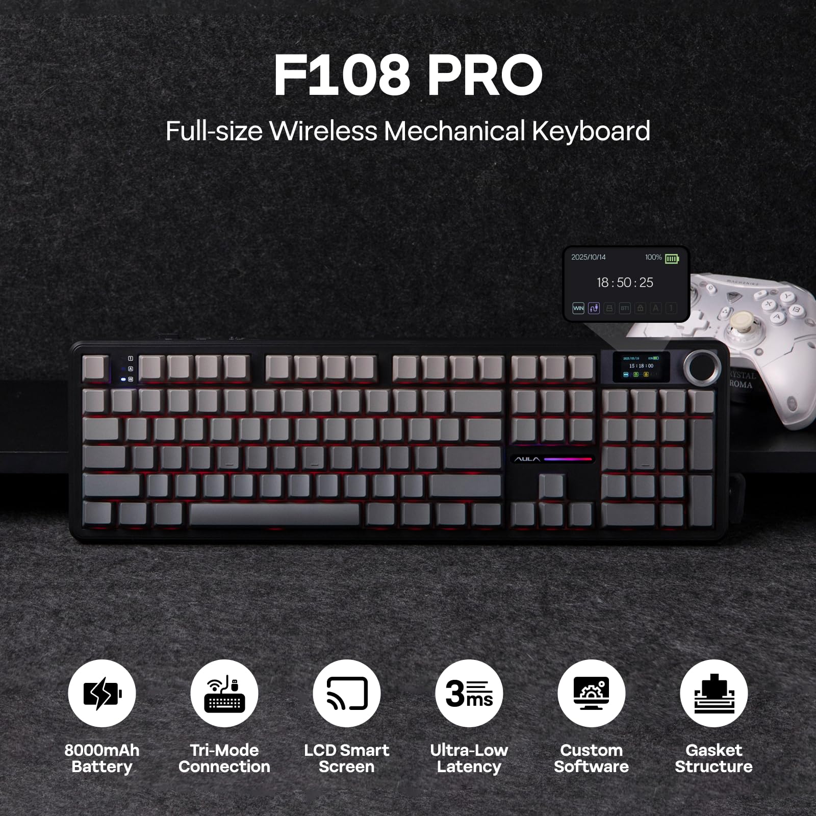EPOMAKER Teclado sem fio para jogos X Aula F108 PRO com tela