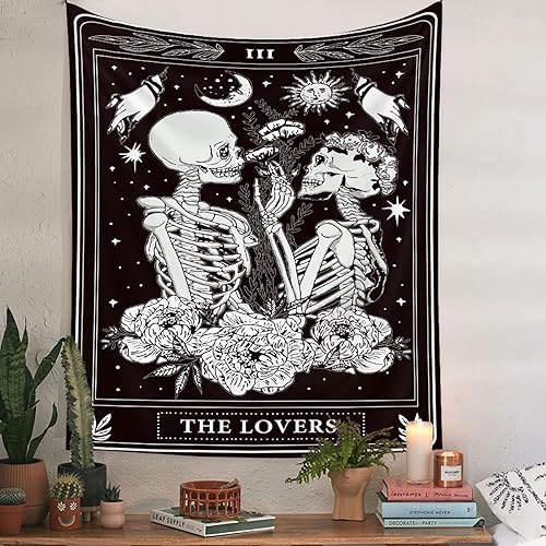 Miniatura 3 de Naykow Tapices de calavera con diseño de esqueleto gótico en blanco y negro, diseño de bruja, para colgar en la pared, decoración para dormitorio,