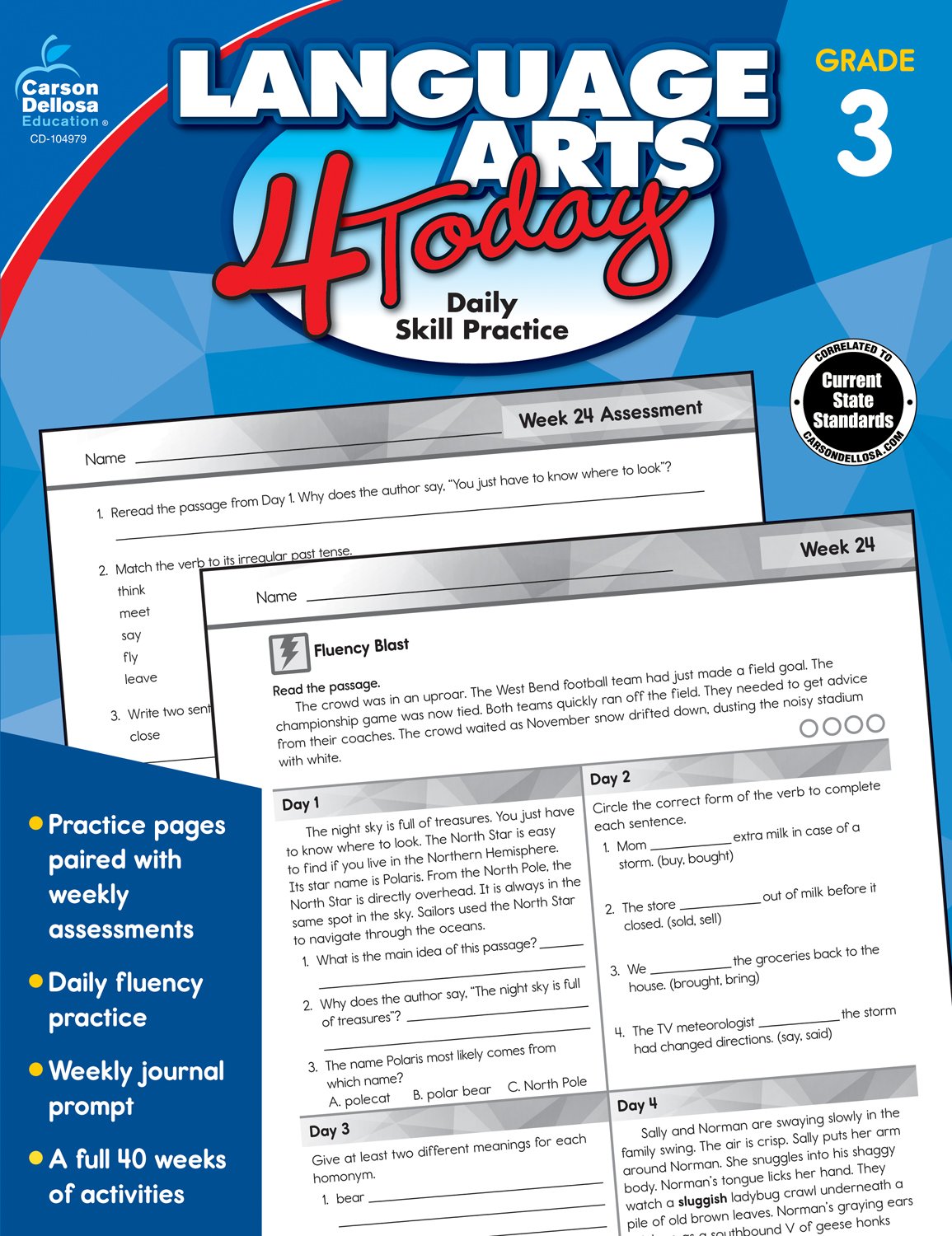 Carson Dellosa Language Arts 4 Today Third Grade Workbook, 40 Weeks of Reproducible ELA Activities, Spelling and Grammar Skills Practice, Weekly Assessments, Classroom or Homeschool Curriculum