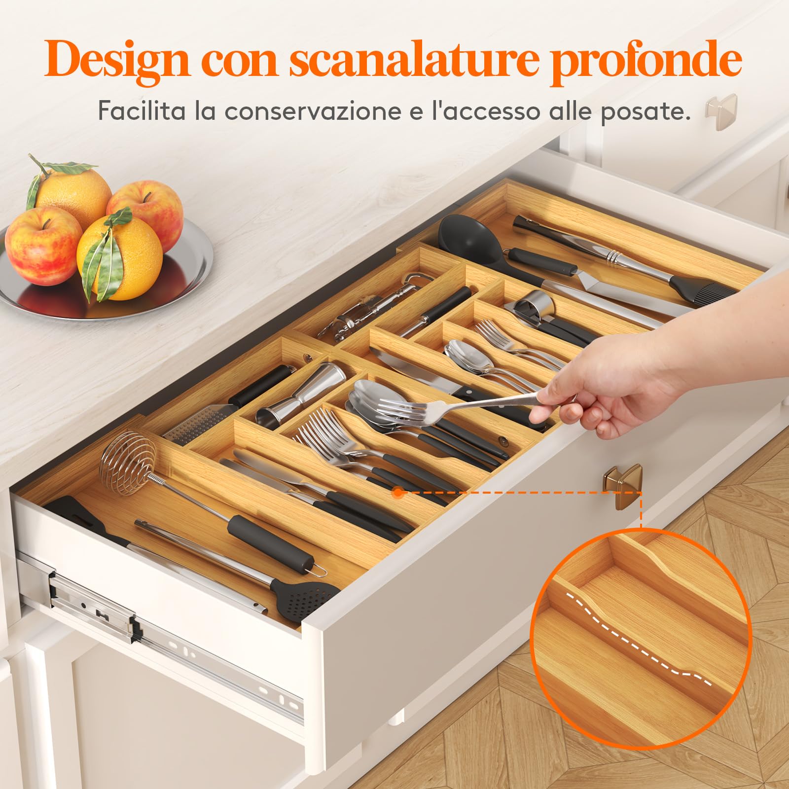 Lifewit Portaposate da Cassetto Grande, Espandibile da 53,3 a 91,4 cm di Larghezza, Porta Posate Cucina Cassetto, Organizer Cucina in Bambù per Posate, Cucchiai, Forchette, Coltelli, Naturale