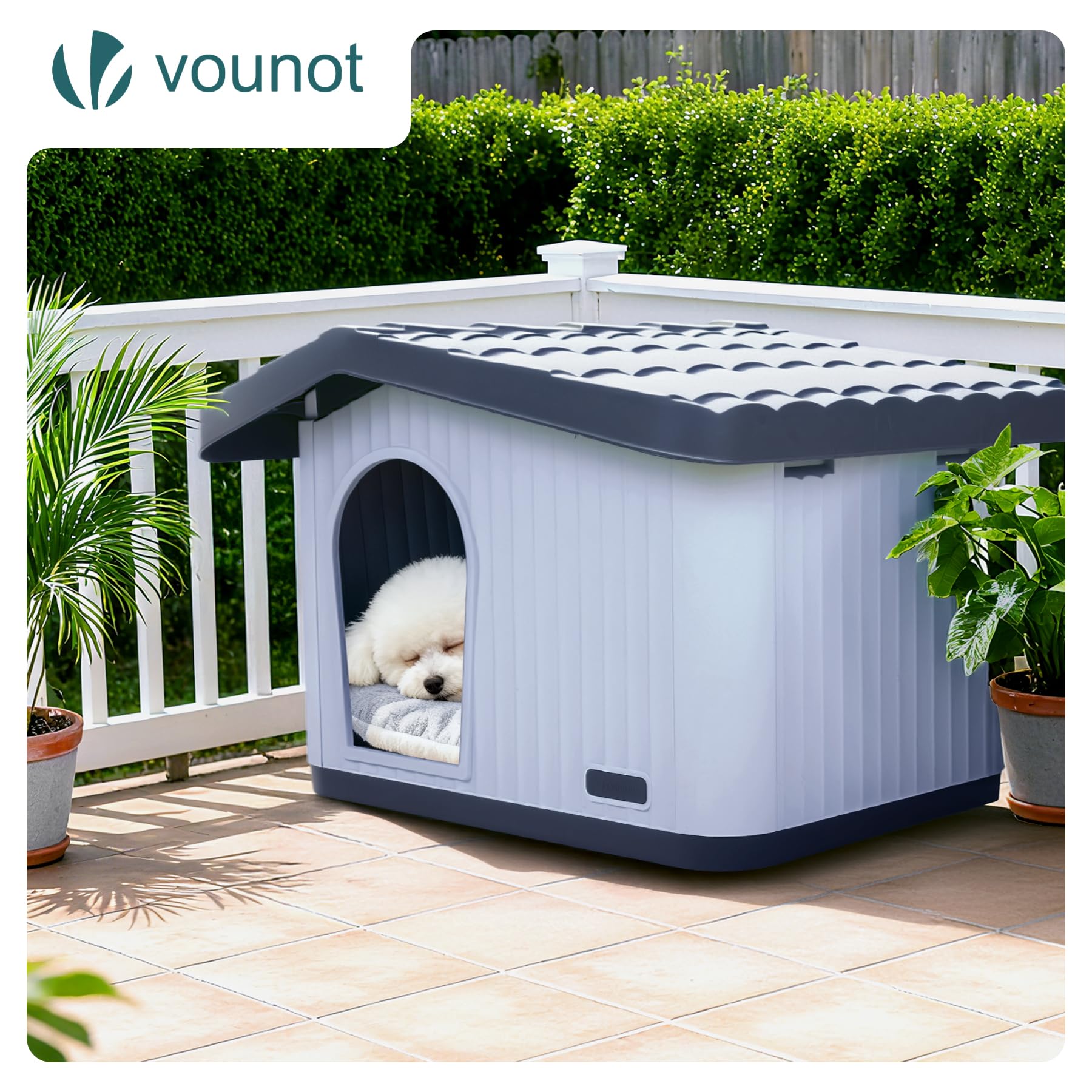 VOUNOT® Casa para Gatos de Plástico 75x63x51 cm, Caseta Mascotas Casita Cabaña de Perros Techo Desmontable Rejilla de Ventilación Patas Antideslizantes, Fácil de Montar para Interior y Exterior Blanco