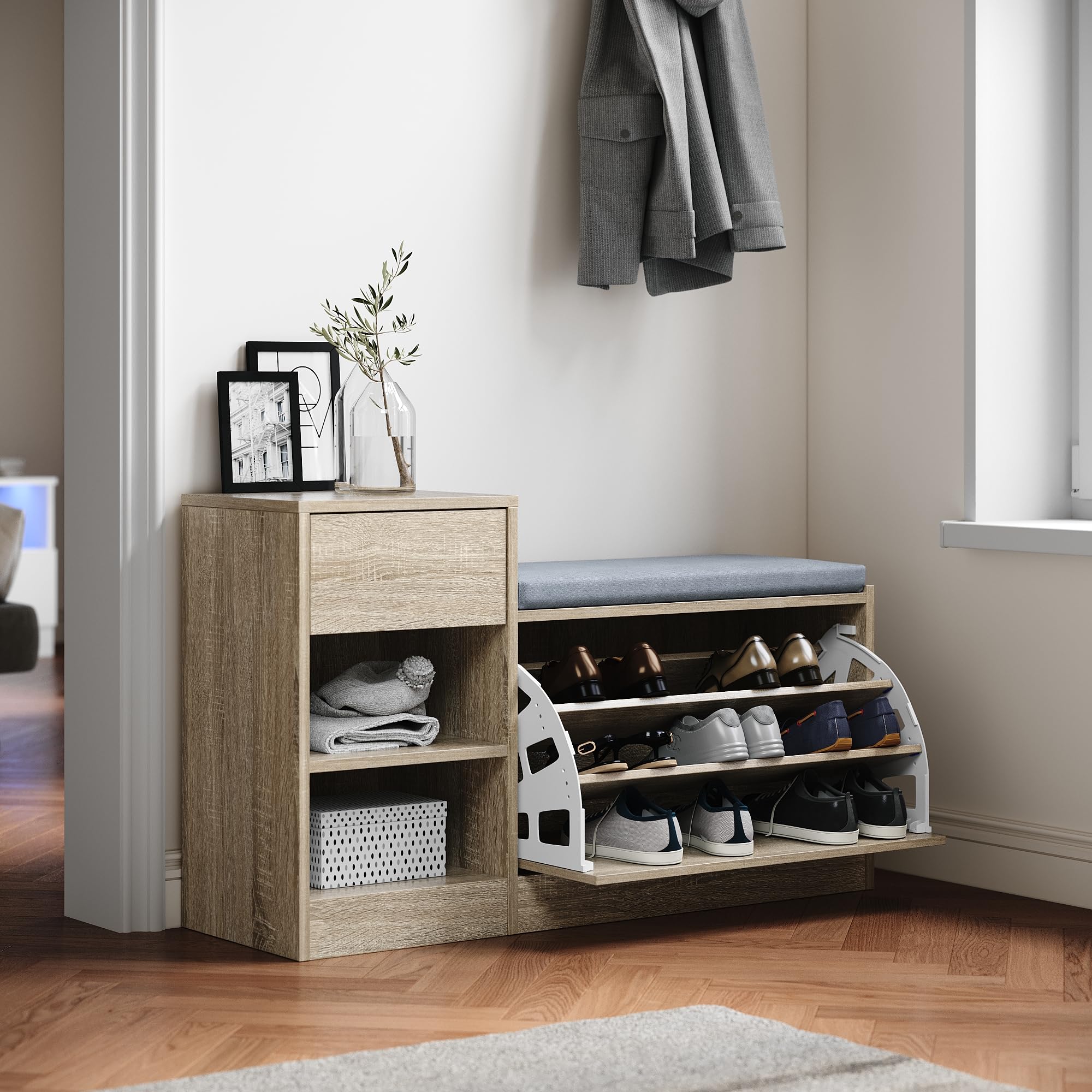 SIRHONA Meuble Chaussure, Banc Chaussures entrée avec Coussin Confortable, avec Abattant et Tiroir, 94,5x30x57cm