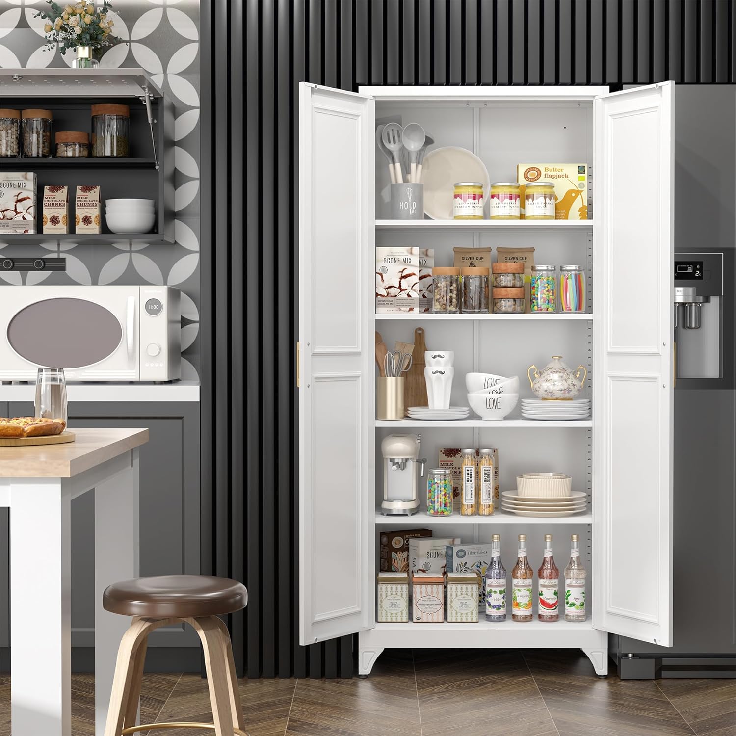 SteeLoong Kitchen Pantry Cabinet,75”White Metal Storage Cabinets with Doors and 4 Adjustable Shelves,Kitchen Cabinet with 2 Gold Handles,Tall Cabinet for Livingroom,Pantry, Bathroom