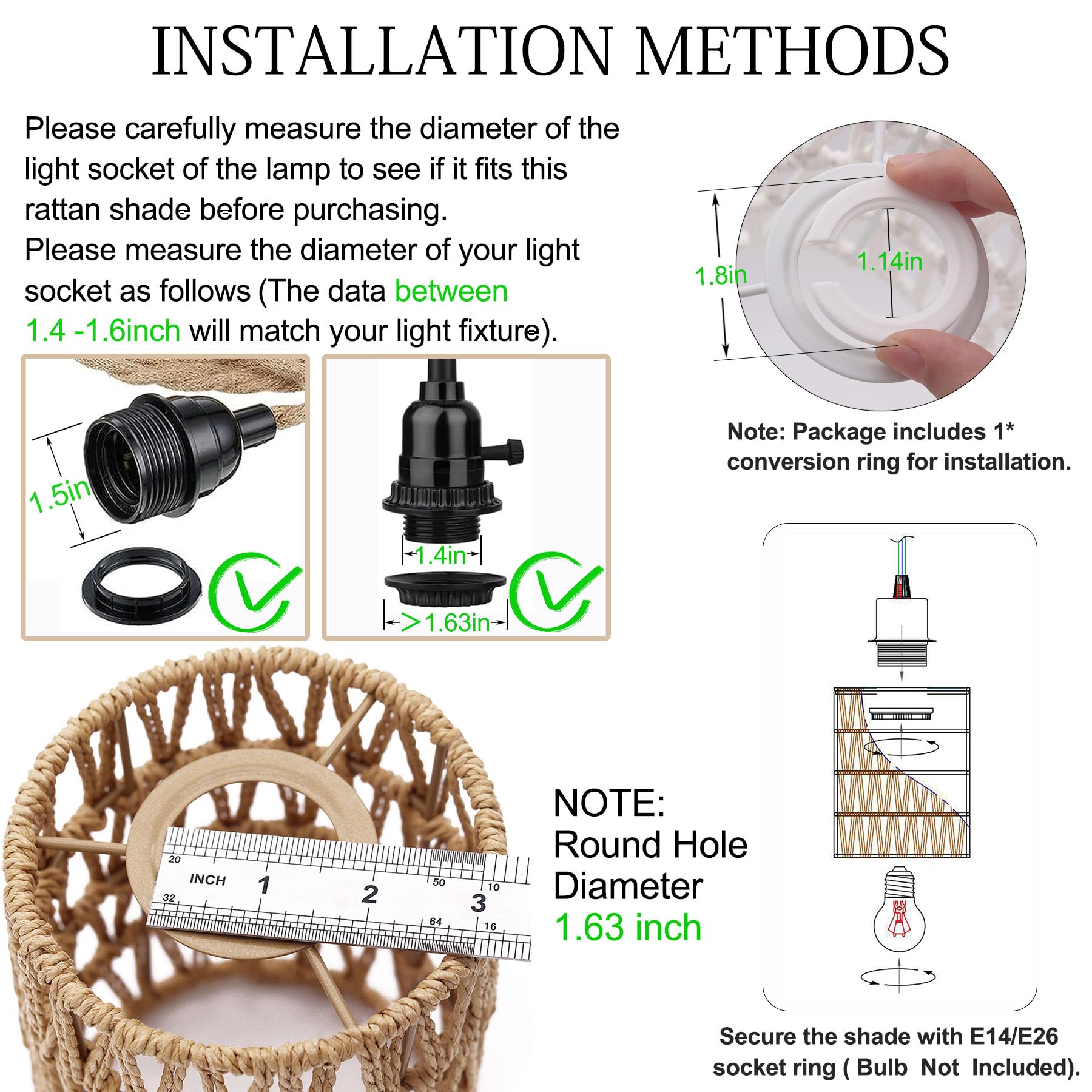 Fitter Farmhouse - Lámpara colgante de 1.63 pulgadas para candelabro, 1 paquete de pantallas de lámpara de ratán bohemio de 6.3 pulgadas de alto x 4.9 pulgadas de profundidad, repuesto para 3
