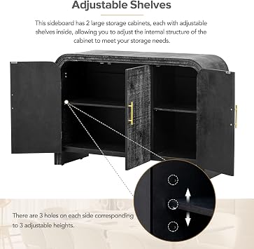 47.2'' Black Sideboard Buffet Cabinet with Storage & Adjustable Shelf for Living Room, Modern Mid-Century Retro Wood Buffet Cabinet with Curved Edge for Kitchen Dining Room, Black