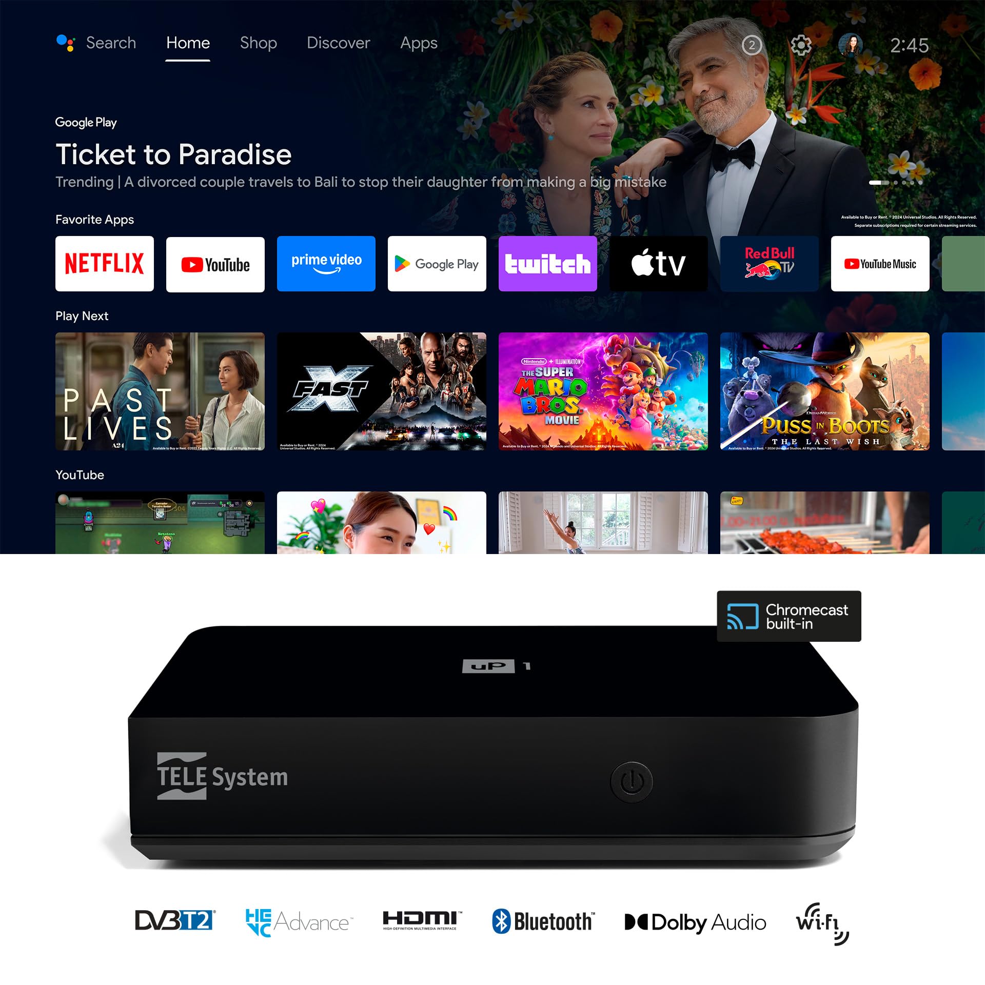 TELE System UP1 Décodeur numérique terrestre Android TV Ultra HD, Netflix Certified, Prime Video, Disney+, Chromecast intégré, DVB-T2 HEVC, HDR10+ HLG, AV1, HDMI/SCART.