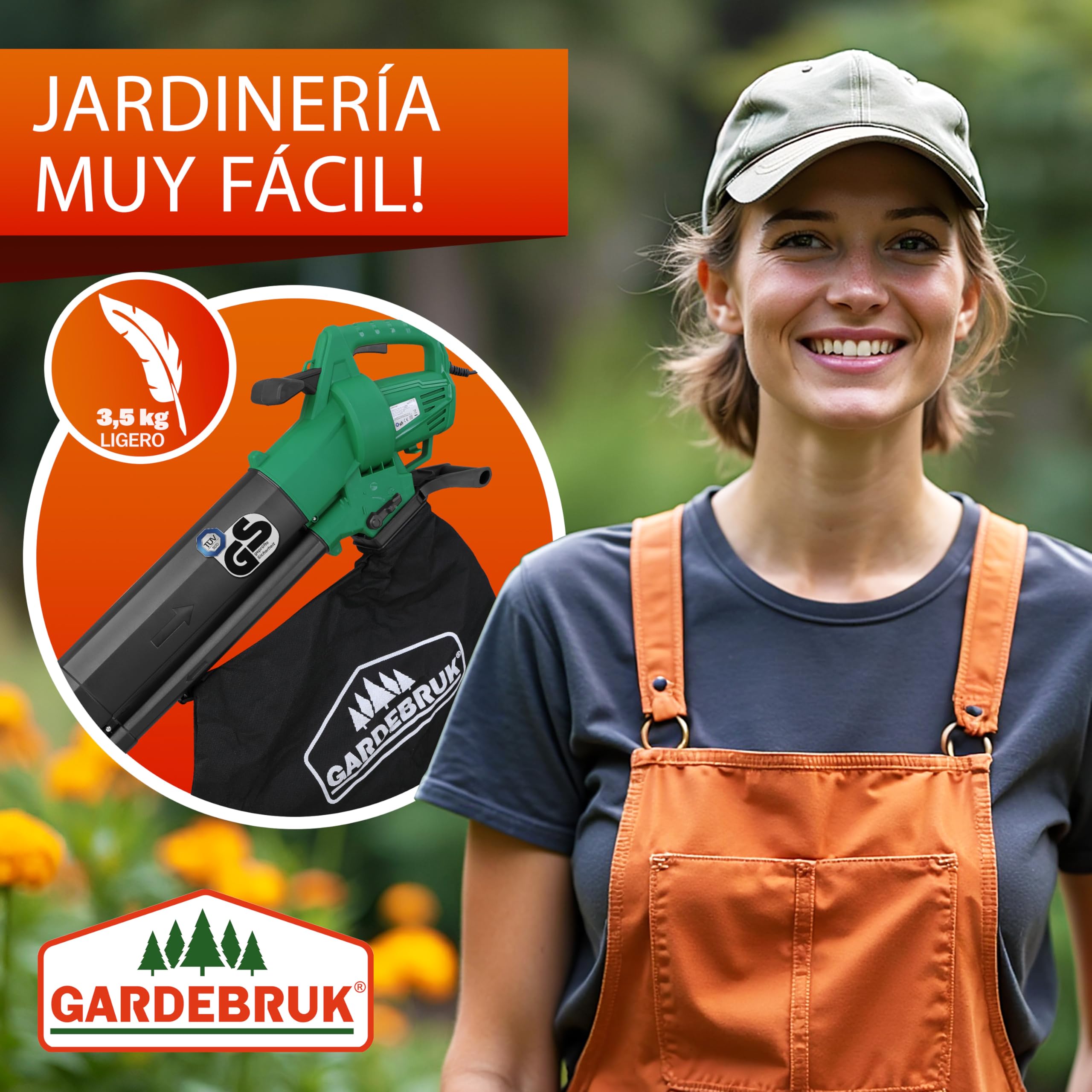 GARDEBRUK® Soplador de Hojas, Aspirador, Soplado 270km/h, Capacidad 13,2m³/min, Función Trituradora, 3en1 Bolsa, 45L, Herramienta Jardinería, 3000W, Sopladores Exteriores Potentes, Ligero