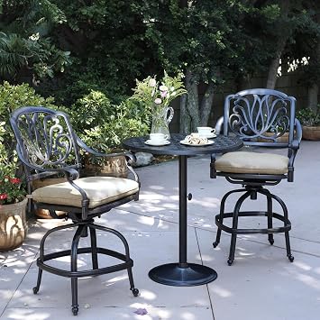 Darlee Elisabeth 3 Piece Cast Aluminum Patio Counter Height Bar Set W/ 30 Inch Round Table & Sesame Cushions, Onesize, B/DL707-3PC-30CJ