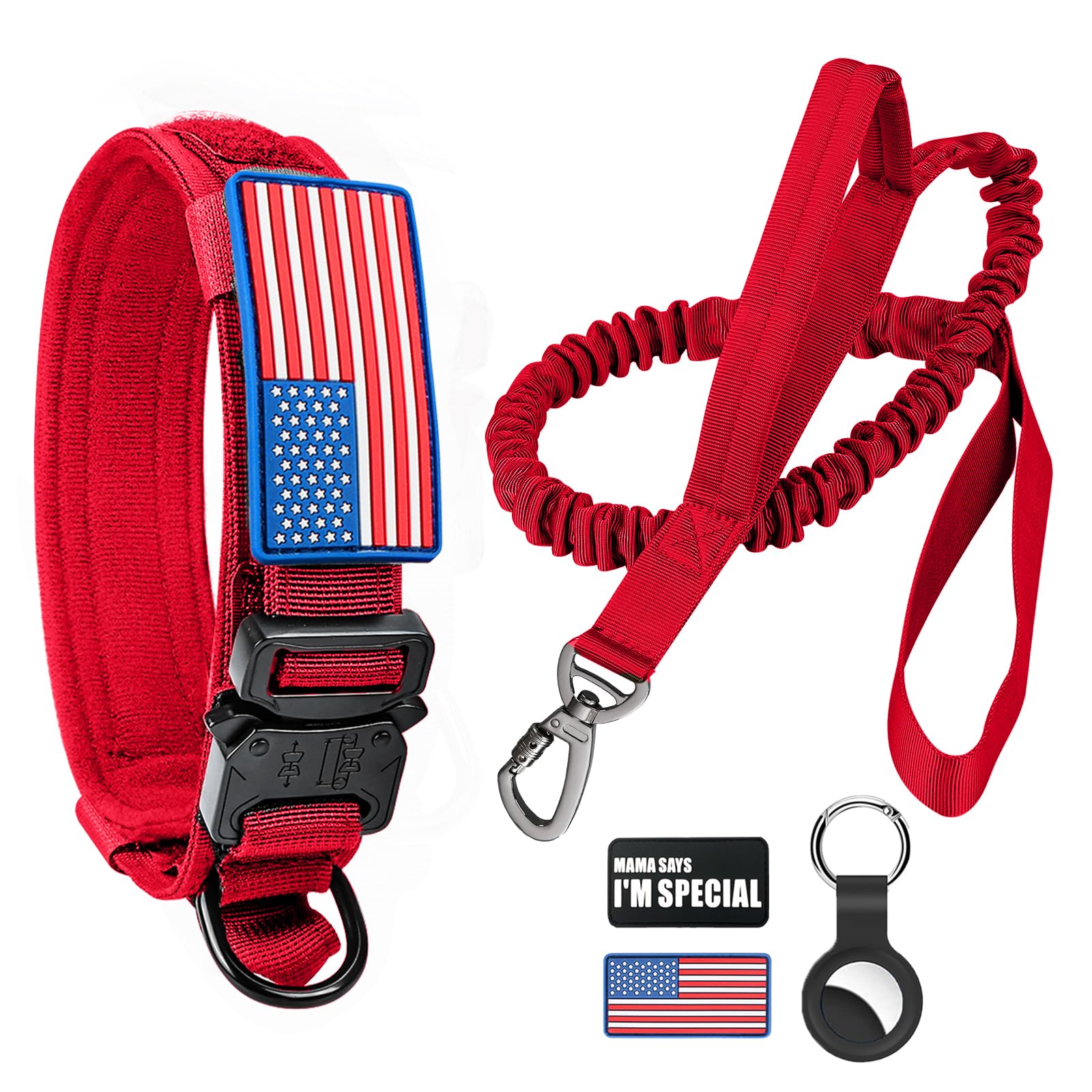 Tactical Dog Collar and Bungee Leash,Military Dog Collar & Leash Set with USA American Flag Adjustable K9 Collar with Heavy Duty Metal Buckle & Handle