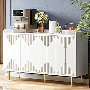 DWVO 55" Kitchen Storage Cabinet with Carved Design Door, Adjustable Shelves, Modern Sideboard Buffet Cabinet with Storage for Hallway, Kitchen or Living Room, White/Gold