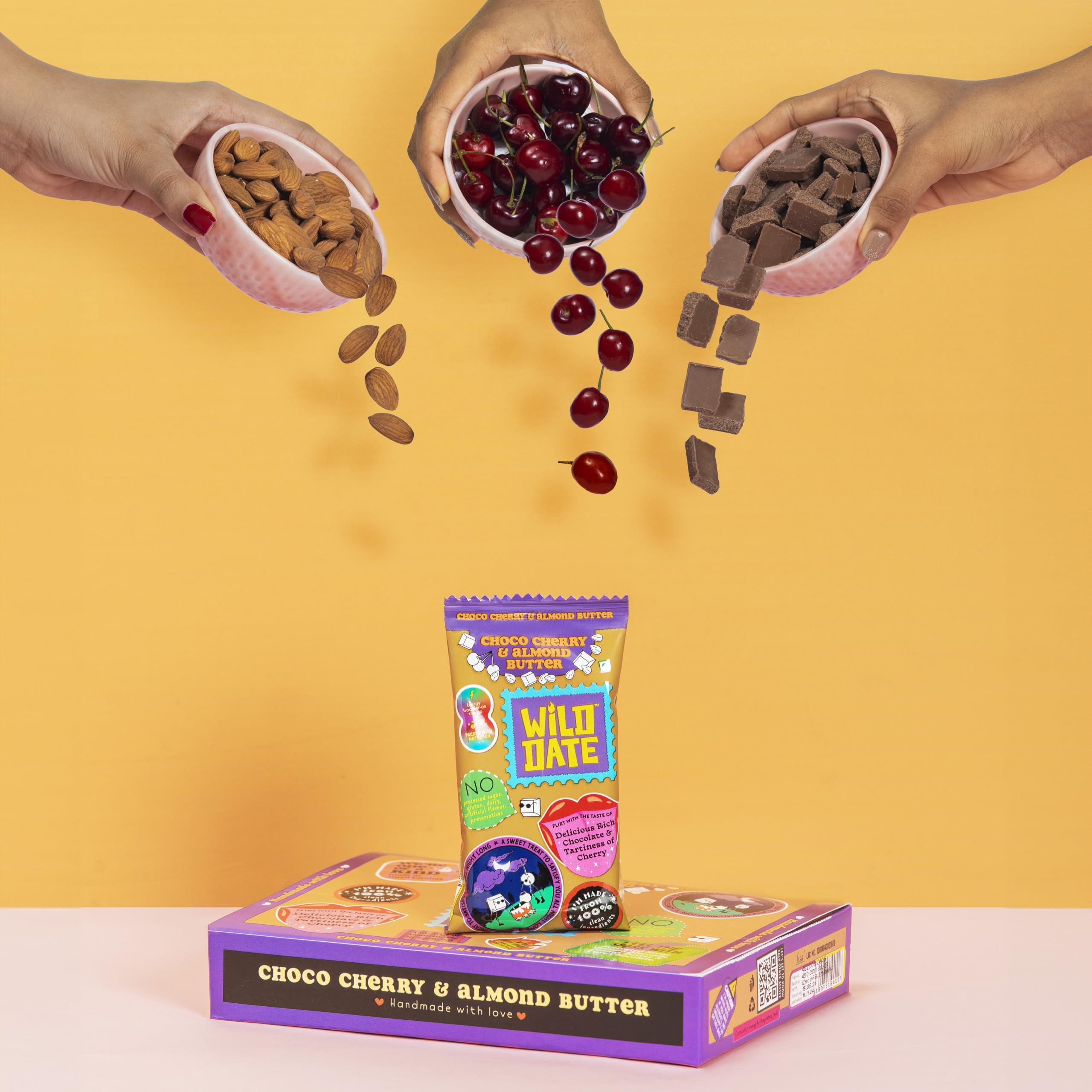Wild Date Choco Cherry & Almond Butter Bars – Chocolatey, Soft & Chewy Bars with Cherry Notes & Creamy Almond Butter, Sweetened with Honey | Plant Protein Rich, Gluten Free, No Added Preservatives | 240 g (Pack of 6) 2