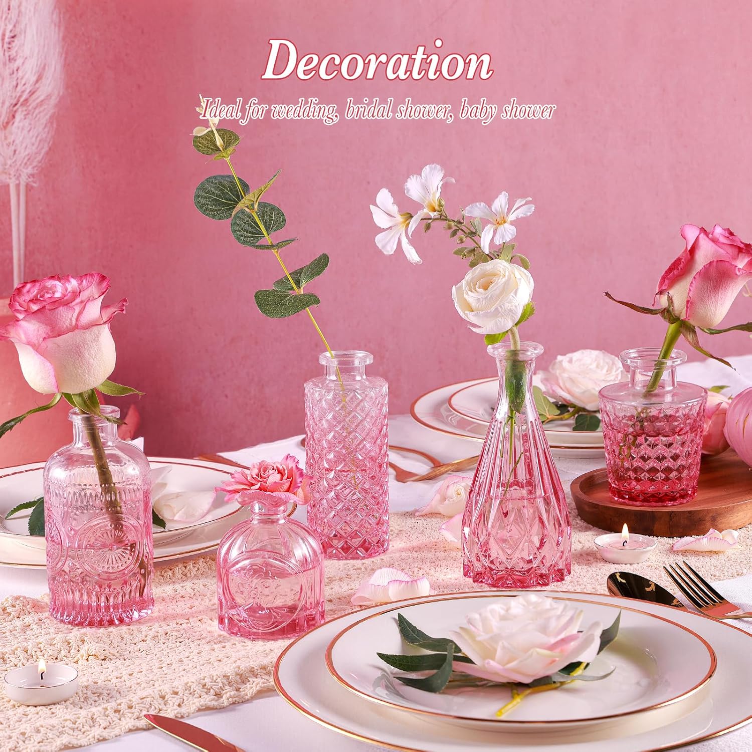 Pink Glass Bud Vases Set of 5, Mini Flower Vase for Centerpieces, Small Clear Vases in Bulk for Wedding Decorations, Vintage Vase for Table, Home Décor - Image 4