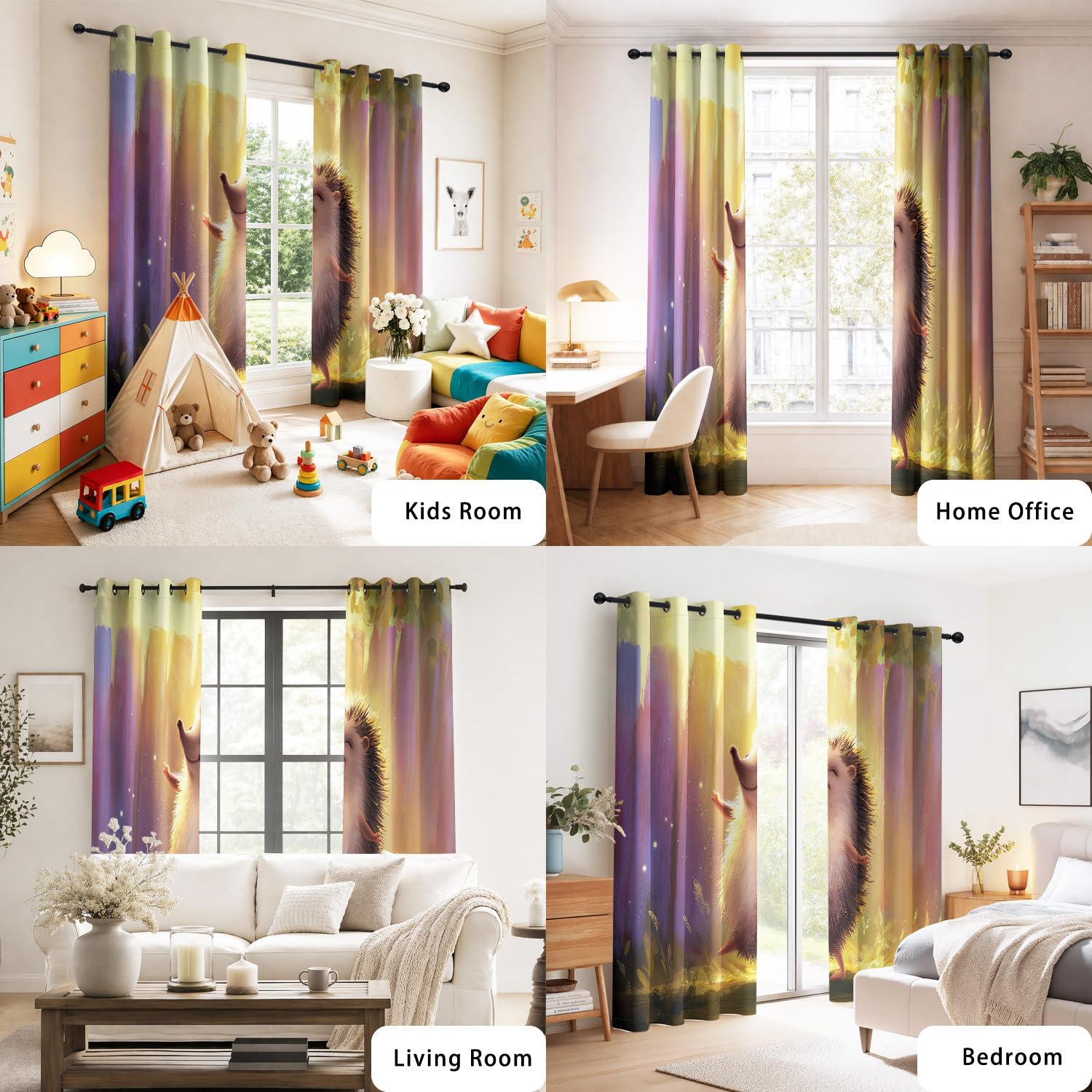 Tenda Oscurante Giallo con Motivo Riccio Sorridente Sole Fiabesco Fantasy - 140x240cm 2 Pannelli - Termica Poliestere Tenda per Cameretta Neonato Stanza Bambini, Fiaba Per Bambini Tenda Poliestere