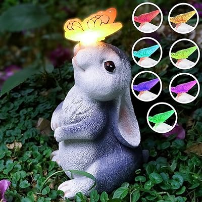ANSIKE ð’ð¨ð¥ðšð« Outdoor Garden Statues Decor-Rabbit Statue with Solar Butterfly Light ðŸ• ð‚ð¨ð¥ð¨ð«ð¬ ð‚ð¡ðšð§ð ðž for Patio Yard Lawn Porch Ornament Gift for Mom Grandma, Bunny with Color Change