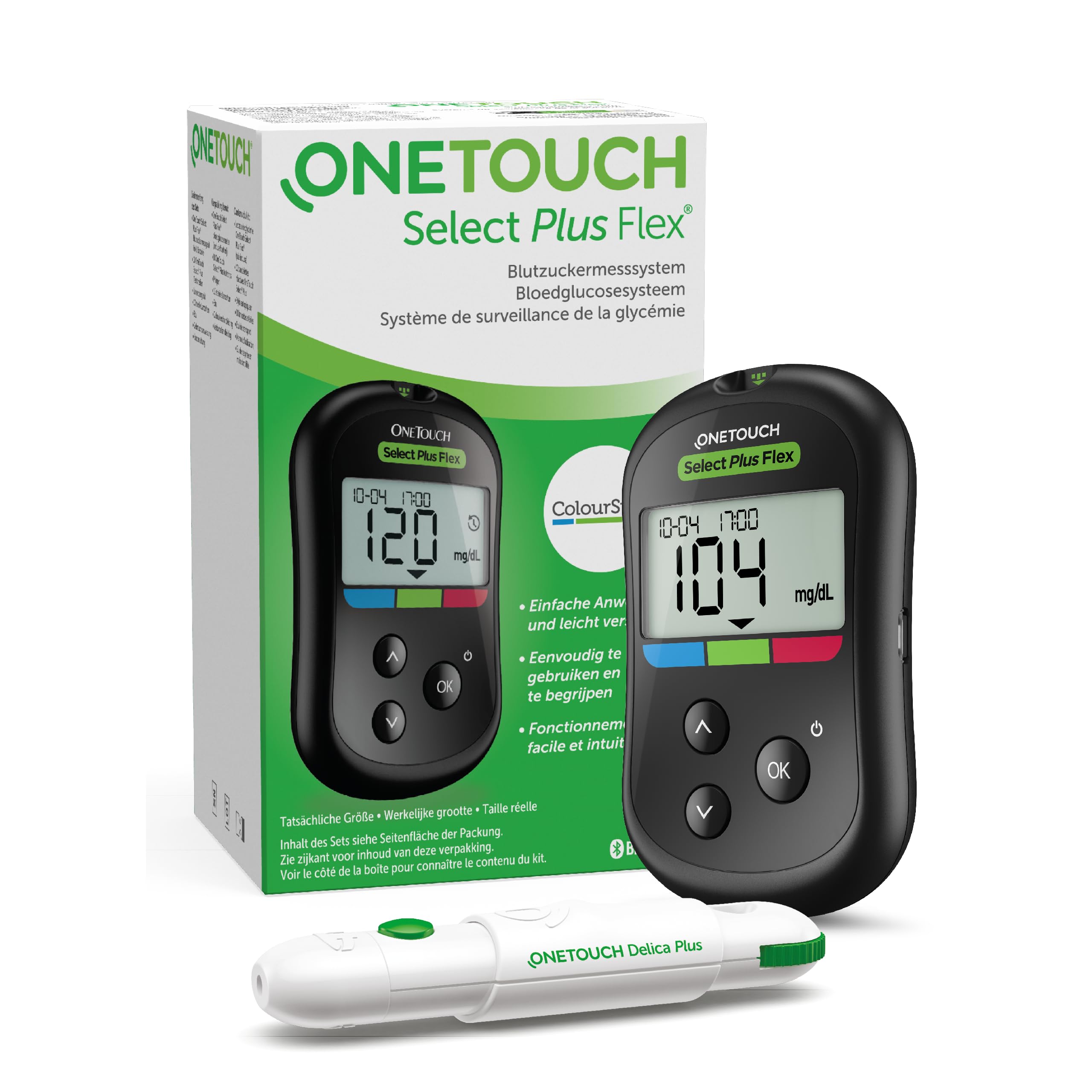 OneTouch Select Plus Flex® Blutzuckermessgerät (mg/dL) | 1 Messgerät, 10 Teststreifen, 1 Stechhilfe, 10 Lanzetten & 1 Etui