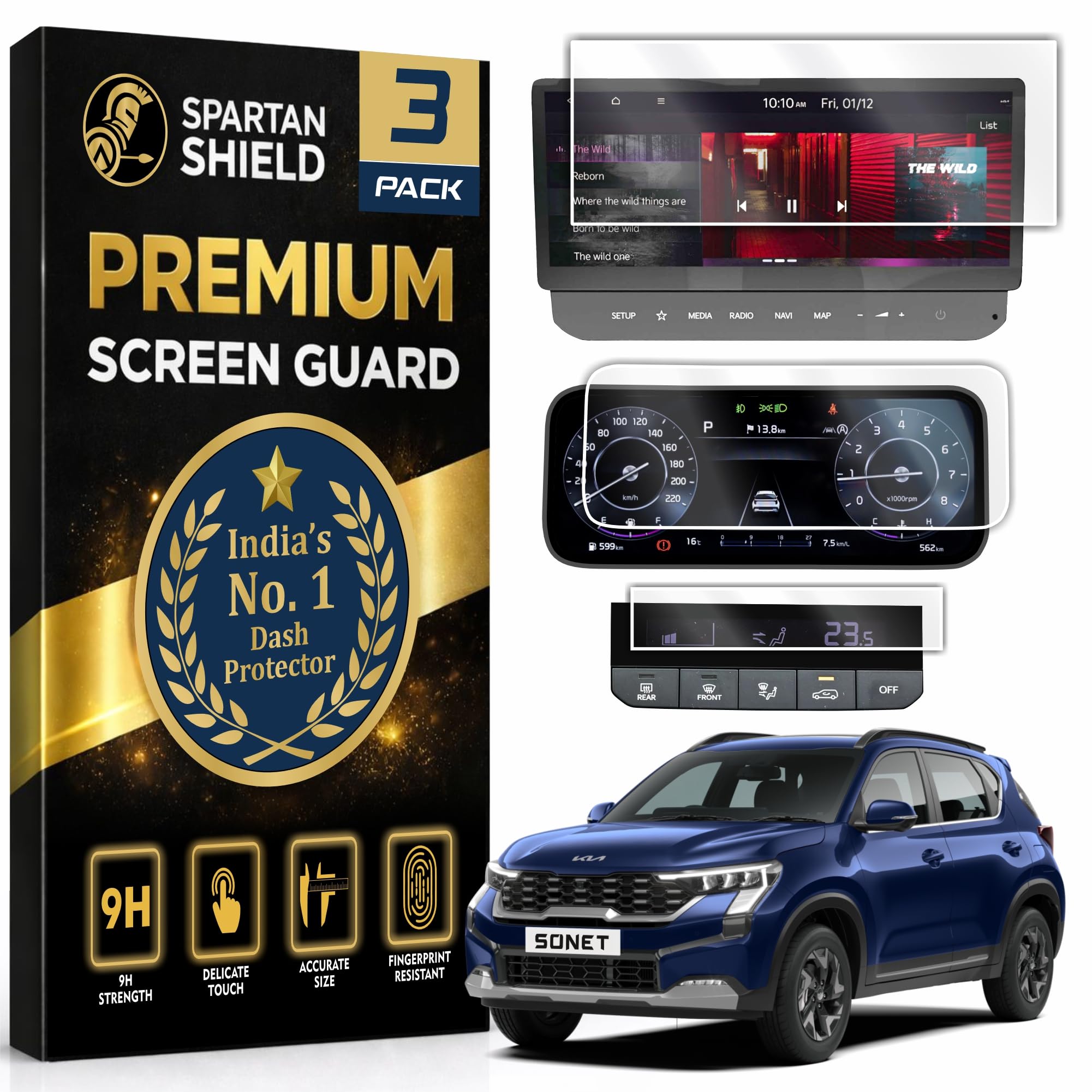 [3 PACK] Screen Guard For KIA SONET 2026 [2024 - Running] || 10-inch INFOTAINMENT + 10.25 Inch Instrument Cluster + AC Climate Screen Protector || Precision Fit For HTX+ / GTX Plus / X-Line TouchScreen Display || Anti Scratch & Water Repellant || With Complimentary Installation Kit || Bubble Free Application || Sonet 2025 Car Stereo Accessories [Not Tempered Glass]-image-3