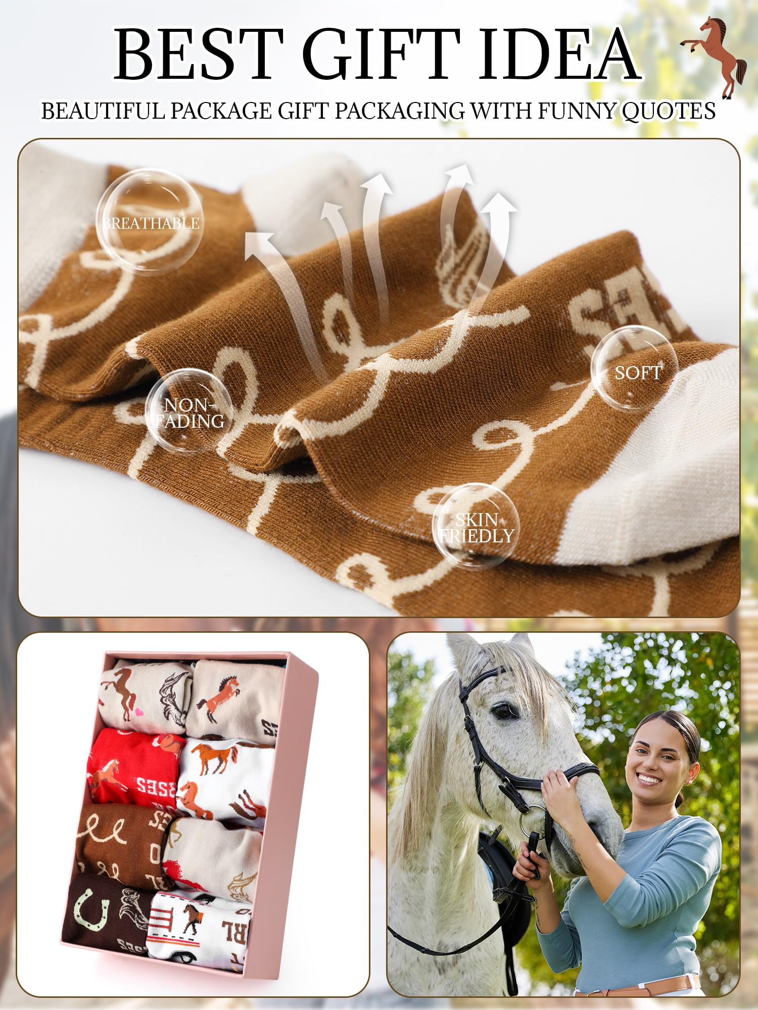 Xtinmee 8 Pairs Funny Horse Socks for Women Novelty Equestrian Ankle Socks Horse Stuff for Christmas Gift Cowgirl Western Lovers