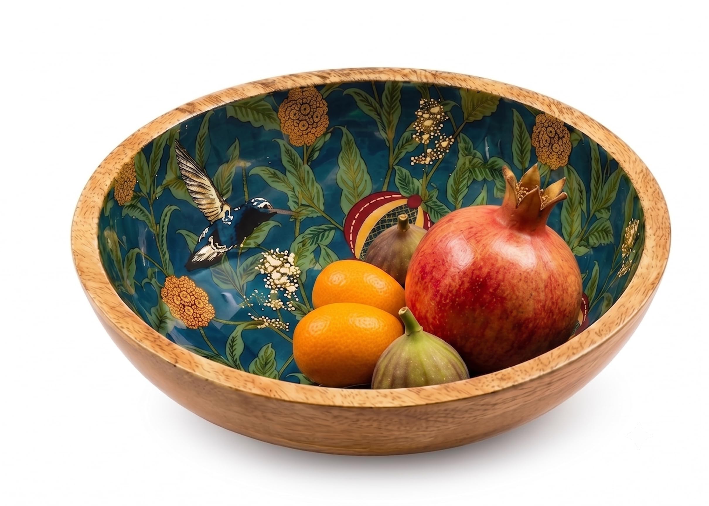 Premium Teak Wood Serving Bowl | Enamel Printed Decorative Wooden Bowl for Fruits Salads & Snacks | Dining Table Centerpiece (19.5 cm)-image-1