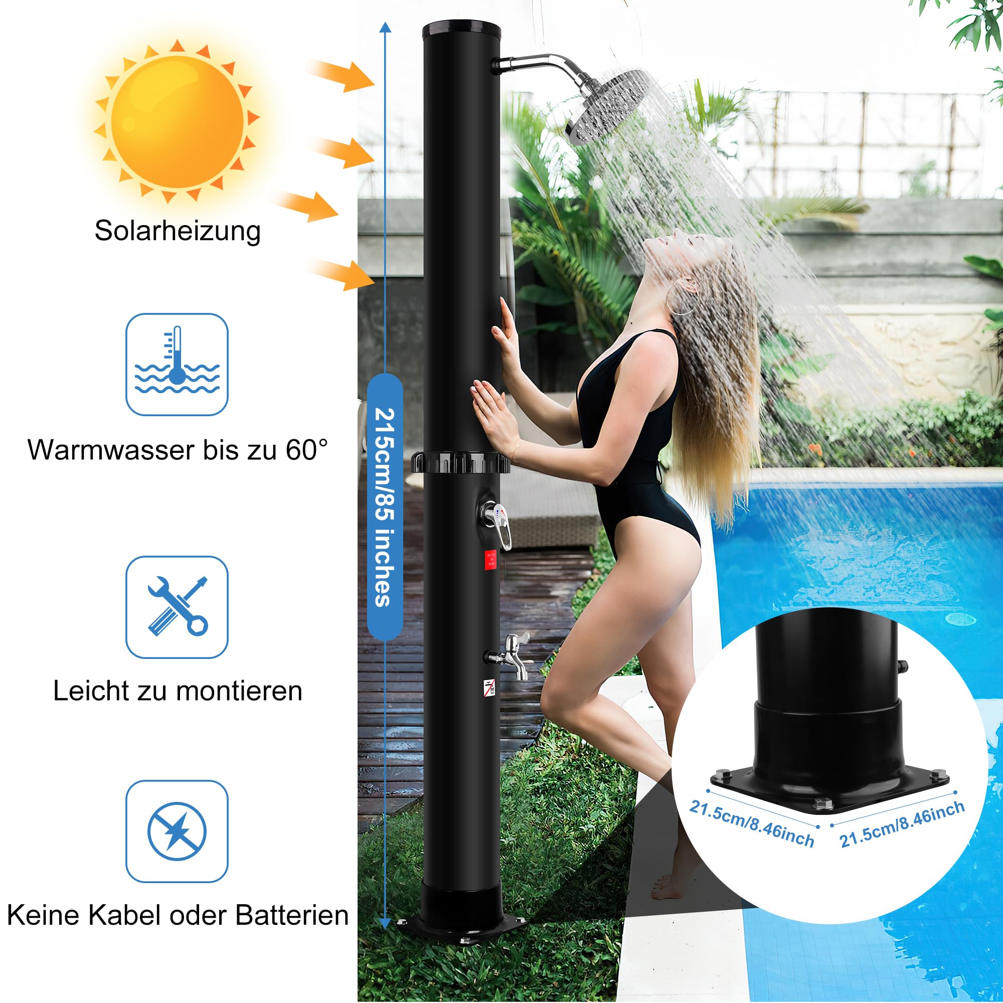 Solar Gartendusche 35Liter - Solardusche mit 360° Drehbarem Duschkopf und Fußhahn, Einstellbare Temperatur Aussendusche Solar dusche für Garten Pool Camping Hinterhof, Kein Stromanschluss Erforderlich